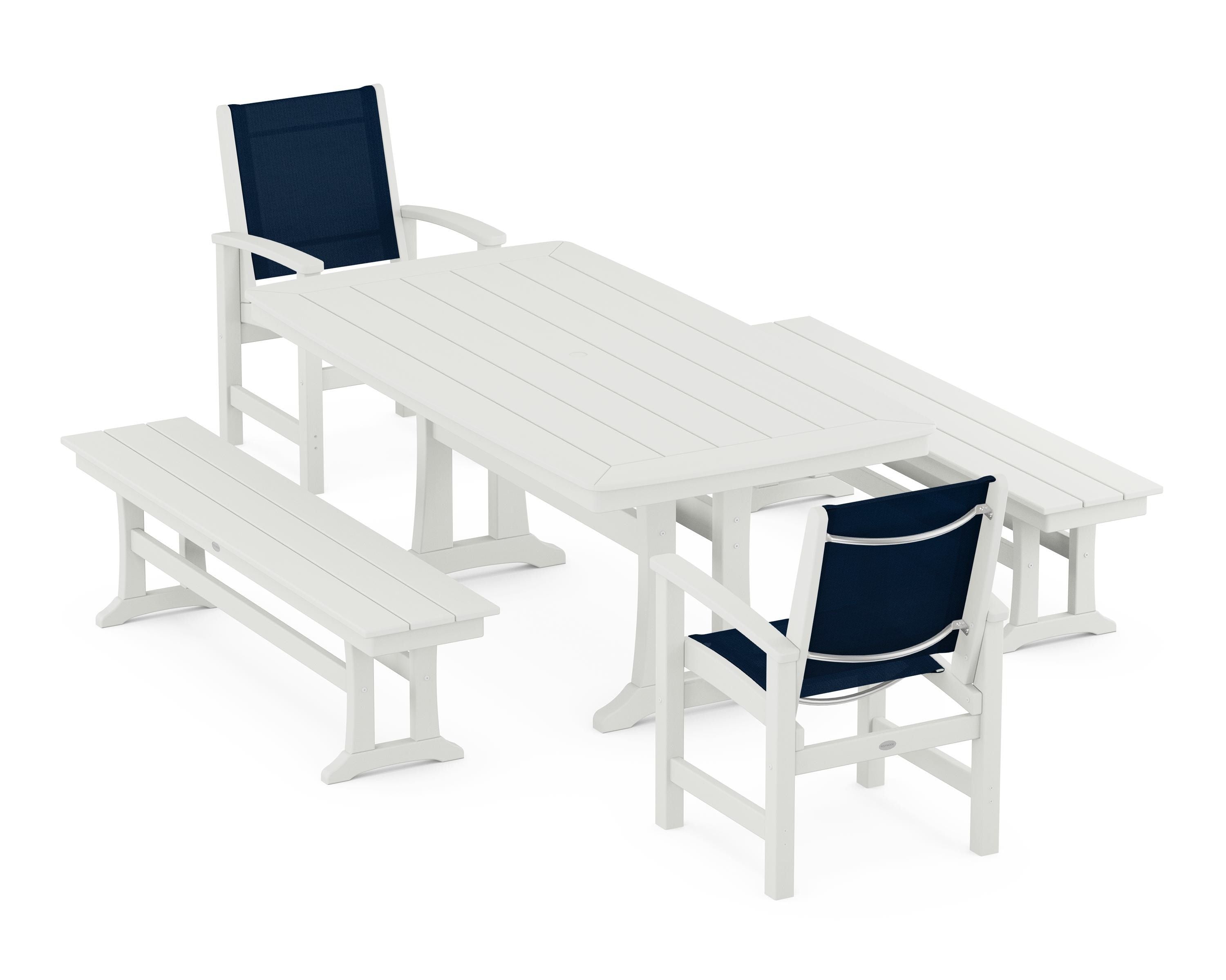 POLYWOOD Coastal 5-Piece Dining Set with Trestle Legs and Benches in Vintage White / Navy Blue Sling