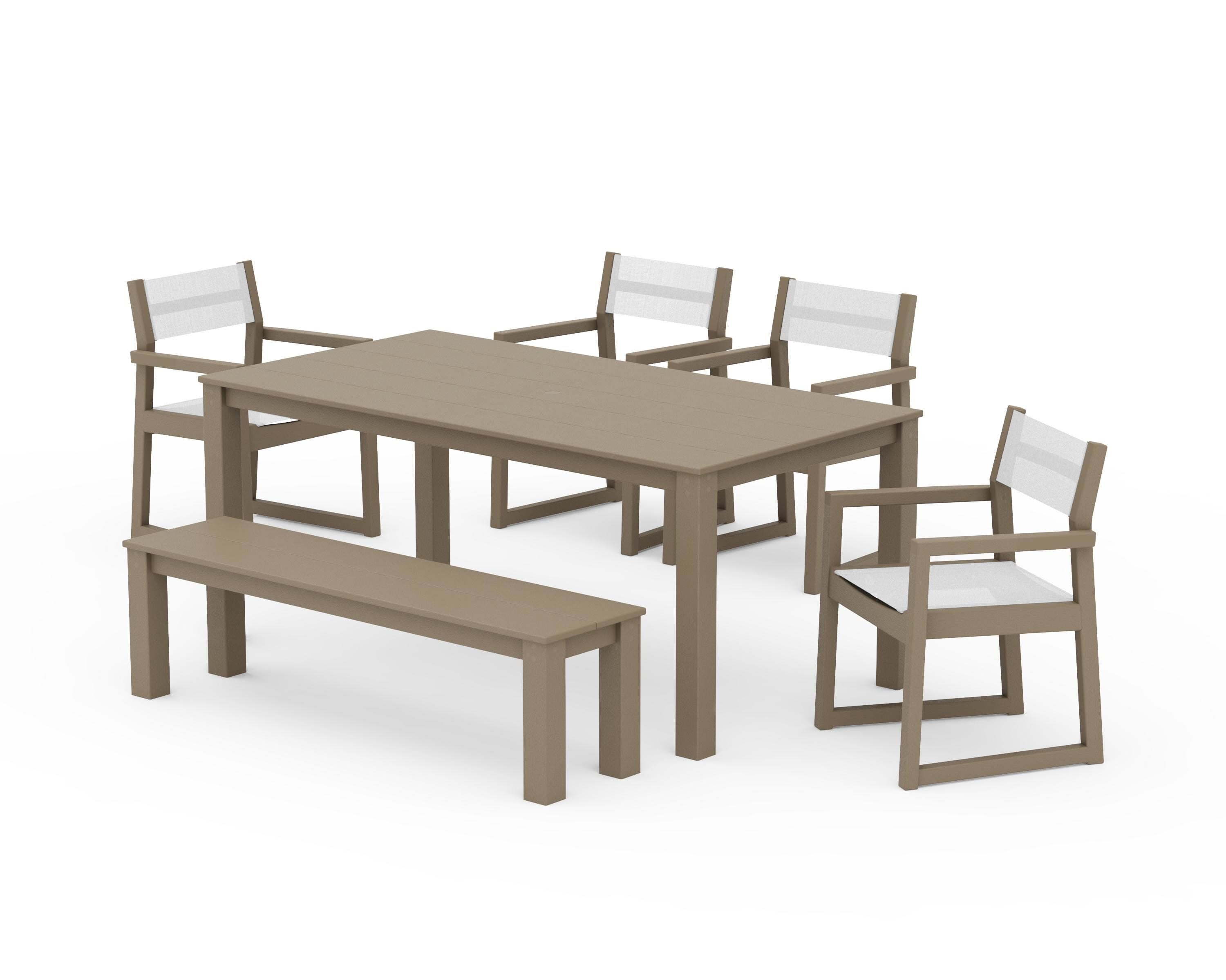 POLYWOOD EDGE Sling Arm Chair 6-Piece Parsons Dining Set with Bench in Vintage Sahara / White Sling