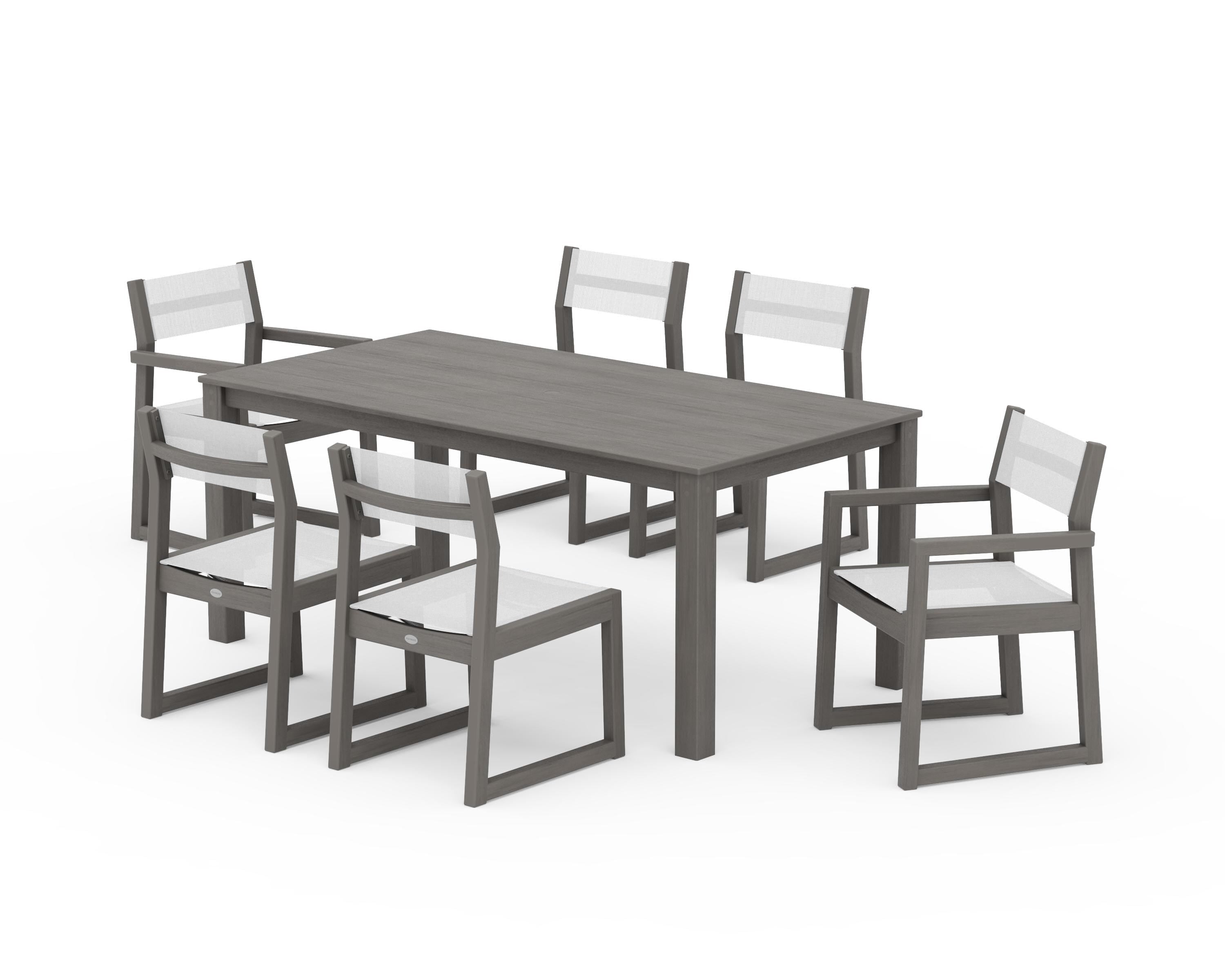 POLYWOOD EDGE Sling 7-Piece Parsons Dining Set in Driftwood / White Sling
