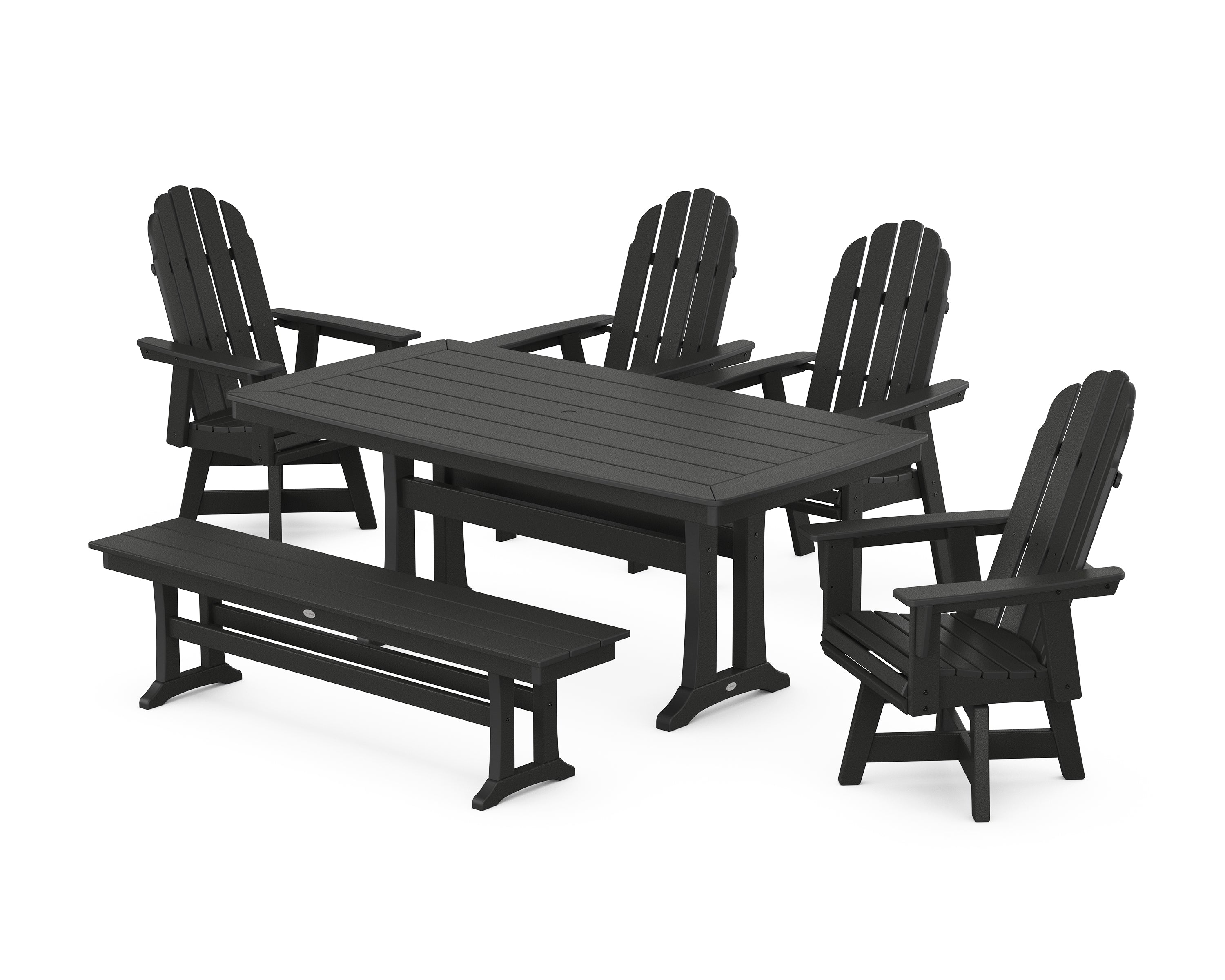 POLYWOOD® Vineyard Curveback Adirondack Swivel Chair 6-Piece Dining Set with Trestle Legs and Bench in Black