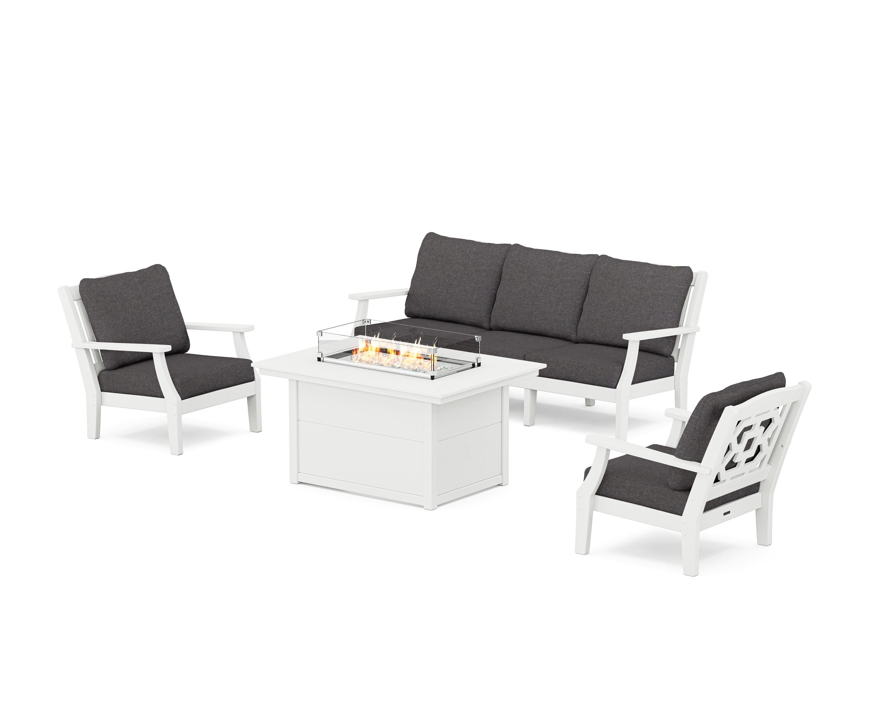 Martha Stewart by POLYWOOD Chinoiserie Deep Seating Fire Pit Table Set in White / Ash Charcoal