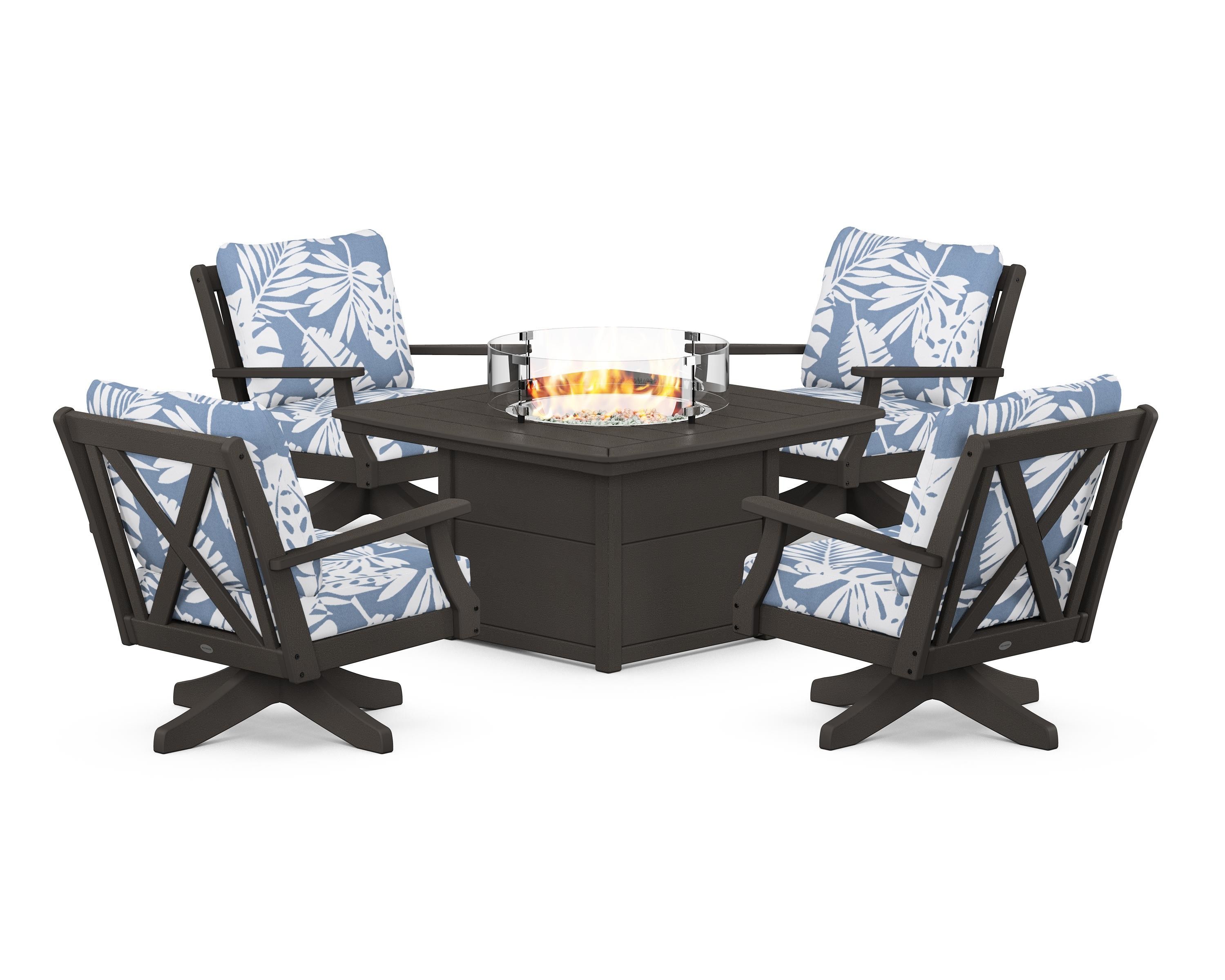 POLYWOOD Braxton 5-Piece Deep Seating Swivel Conversation Set with Fire Pit Table in Vintage Coffee / Leaf Sky Blue