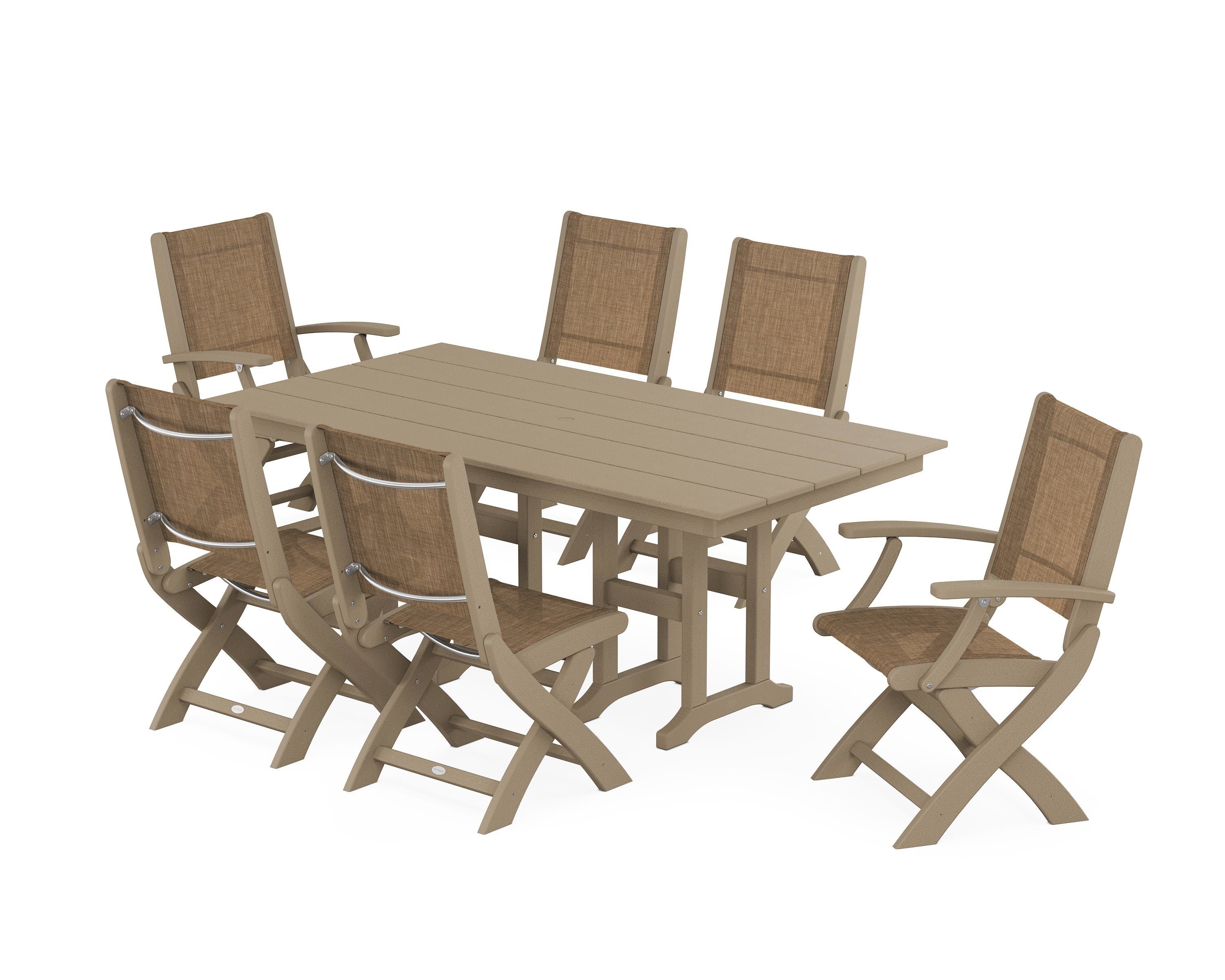 POLYWOOD Coastal Folding Chair 7-Piece Farmhouse Dining Set in Vintage Sahara / Burlap Sling
