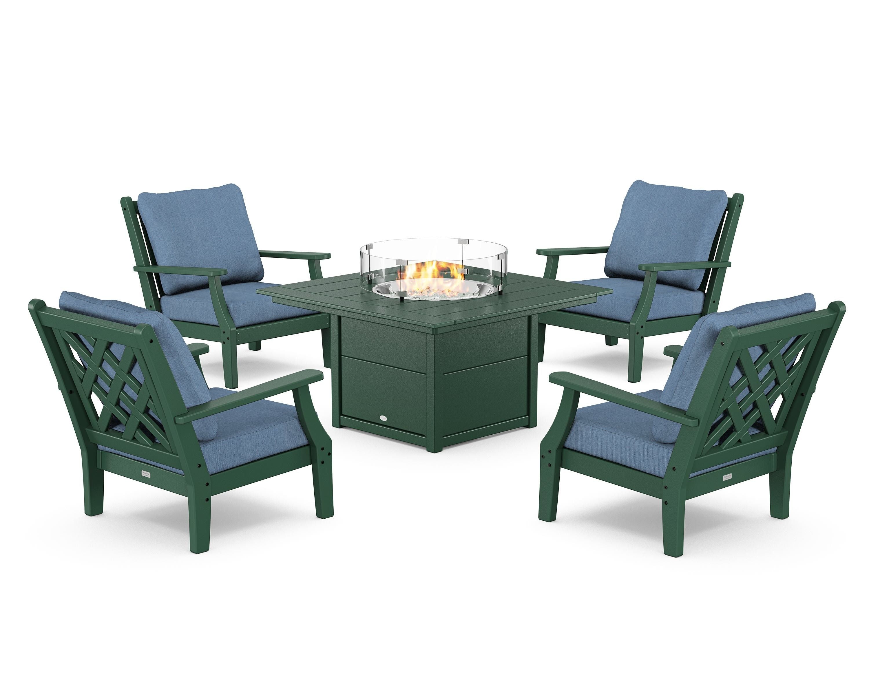 Country Living Wovendale 5-Piece Deep Seating Set with Fire Pit Table in Green / Sky Blue