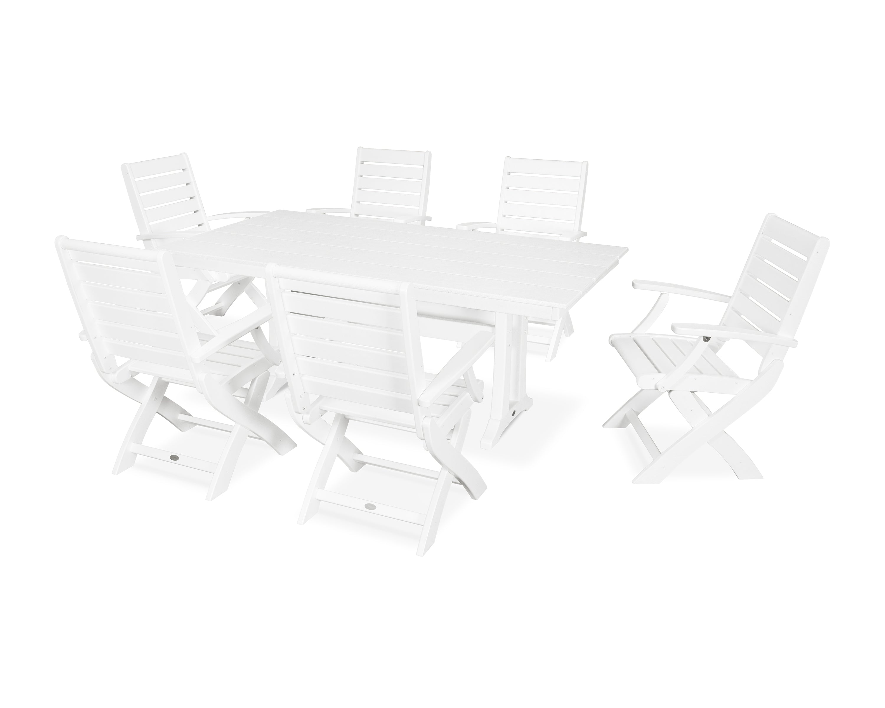 POLYWOOD® Signature Folding Chair 7-Piece Farmhouse Dining Set with Trestle Legs in White