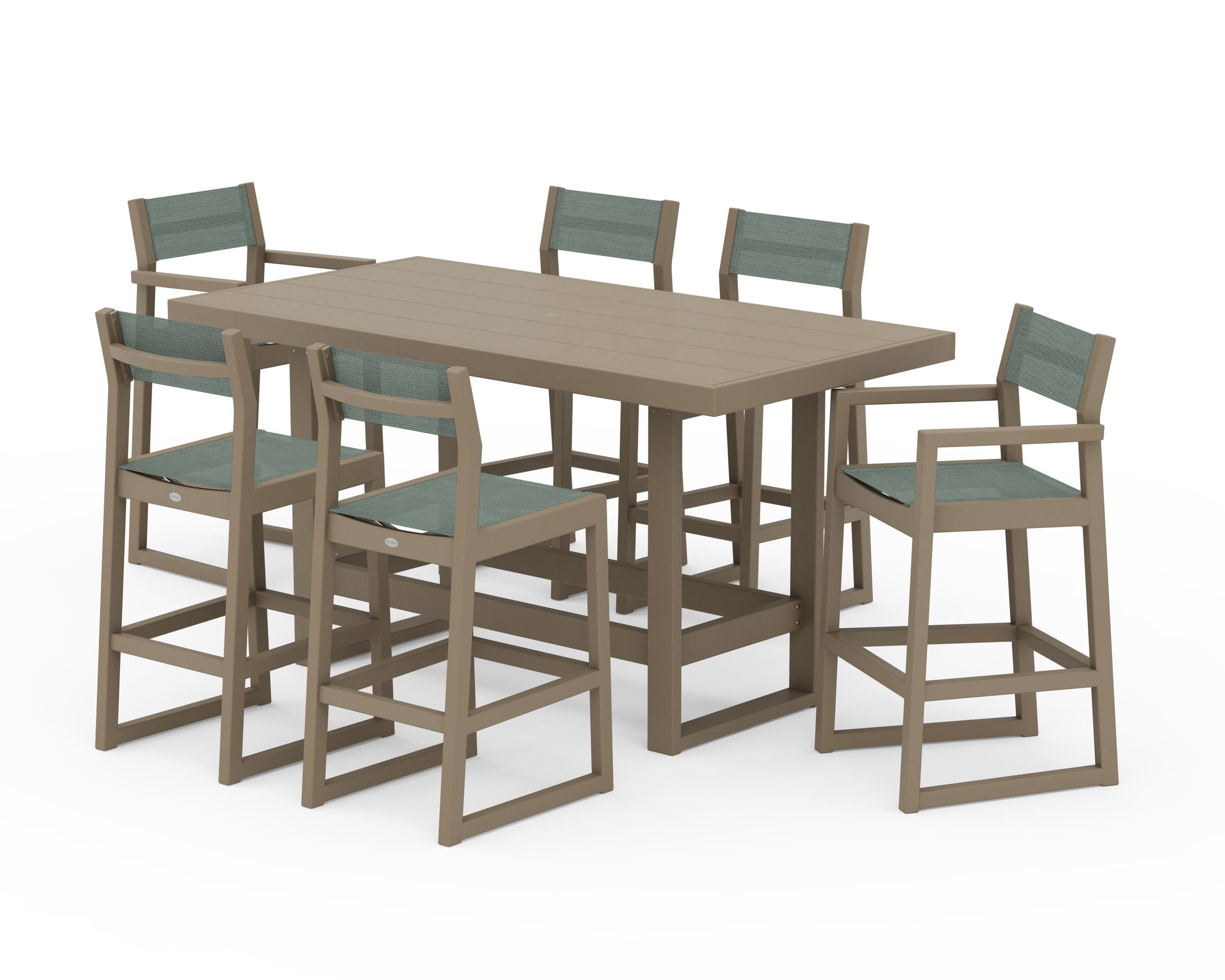 POLYWOOD EDGE Sling 7-Piece Bar Table Set in Vintage Sahara / Dupioni Sea Mist Sling