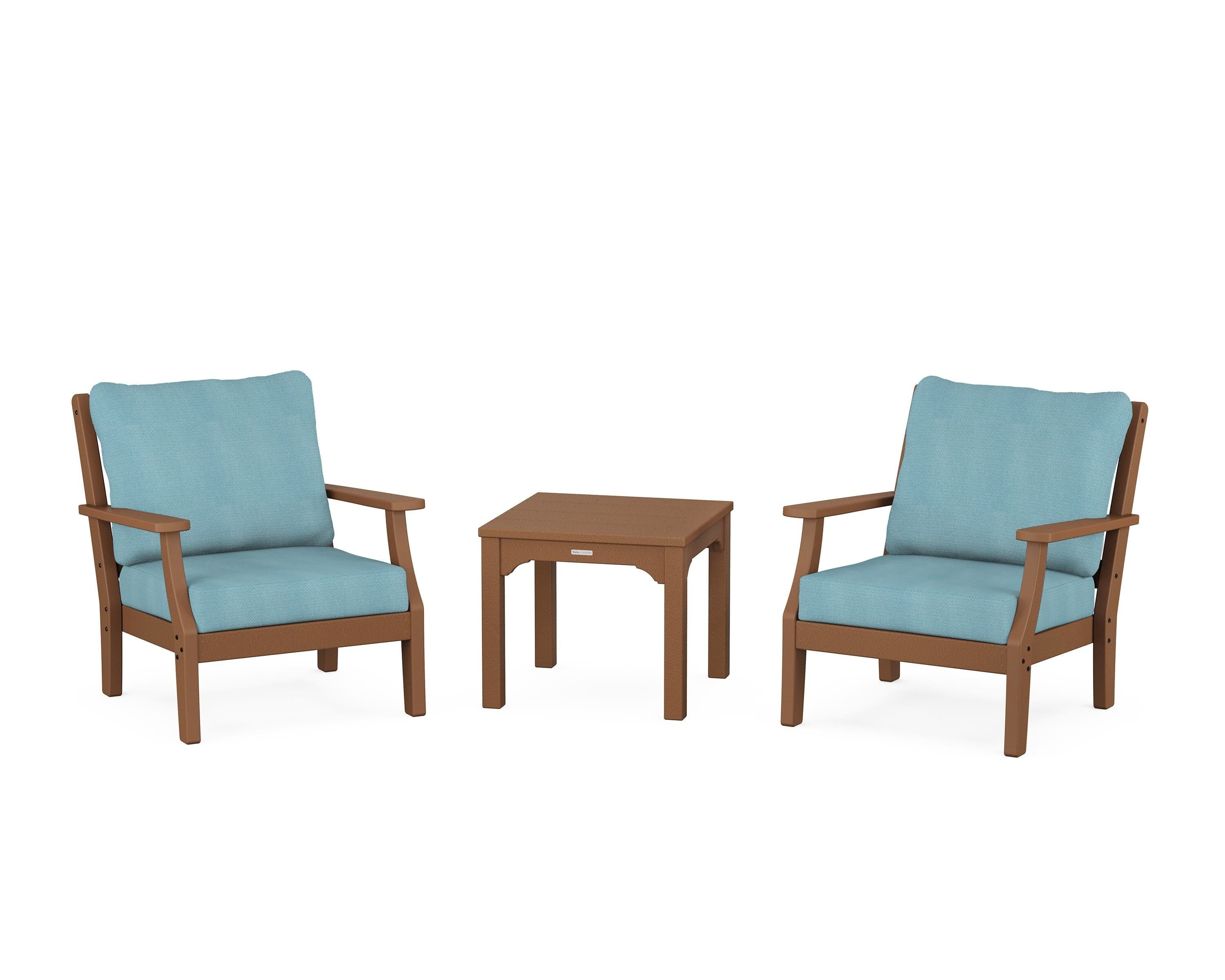 Martha Stewart by POLYWOOD Chinoiserie 3-Piece Deep Seating Set in Teak / Lattice Sky Blue