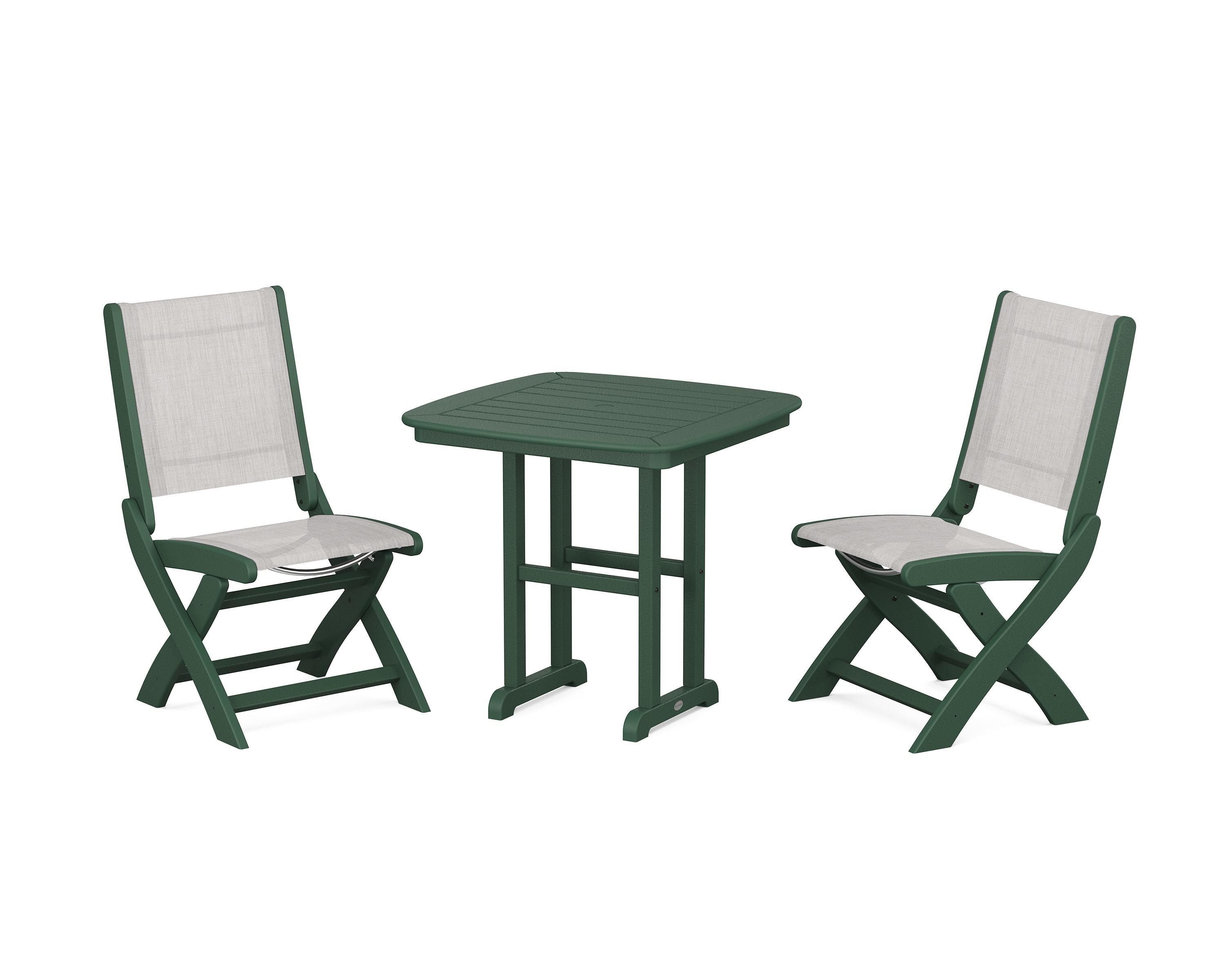 POLYWOOD Coastal Folding Side Chair 3-Piece Dining Set in Green / Parchment Sling
