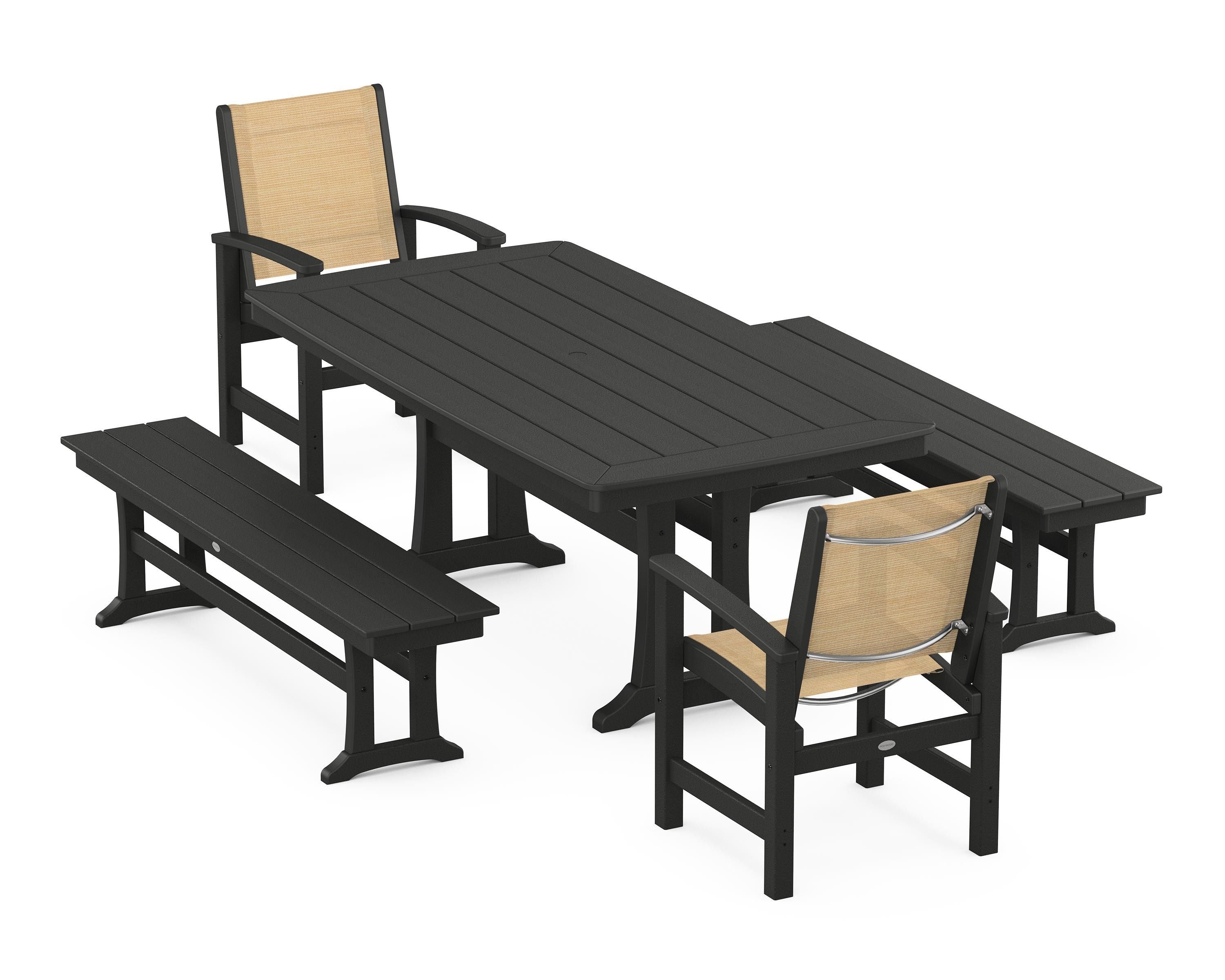 POLYWOOD Coastal 5-Piece Dining Set with Trestle Legs and Benches in Black / Dupioni Apricot Sling