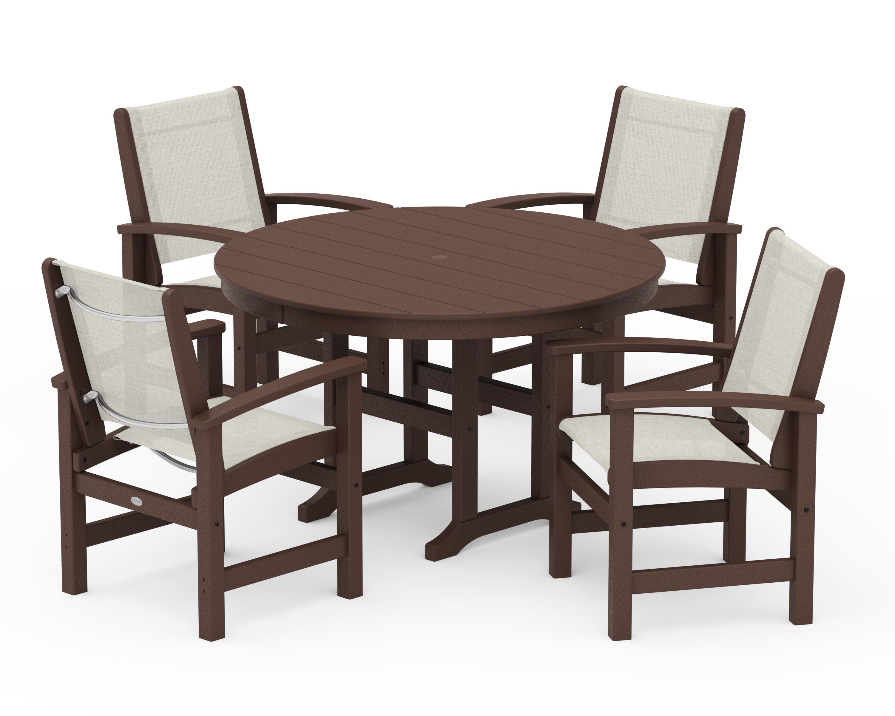 POLYWOOD Coastal 5-Piece Round Farmhouse Dining Set in Mahogany / Parchment Sling