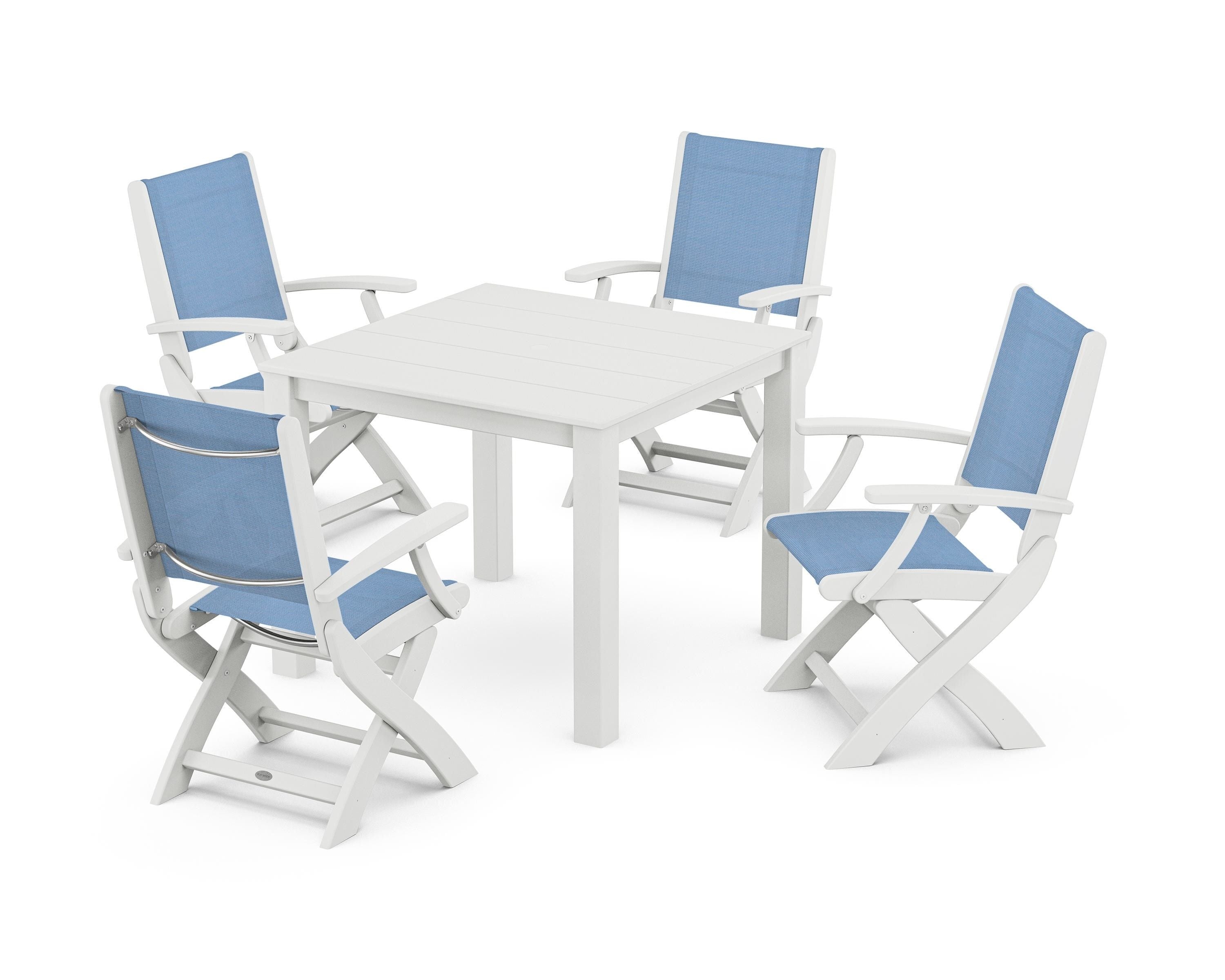 POLYWOOD Coastal Folding Chair 5-Piece Parsons Dining Set in White / Poolside Sling