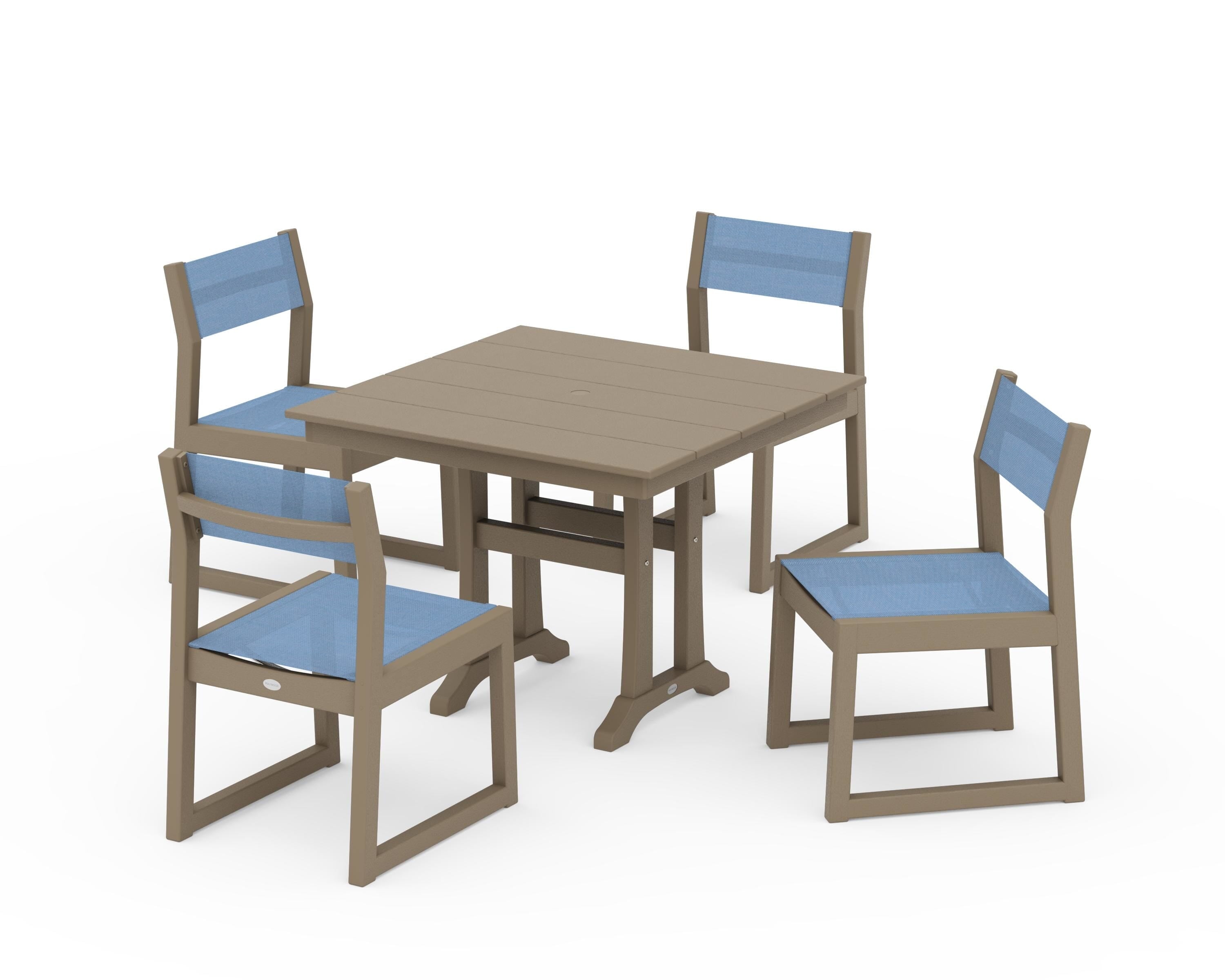 POLYWOOD EDGE Sling 5-Piece Farmhouse Trestle Side Chair Dining Set in Vintage Sahara / Poolside Sling