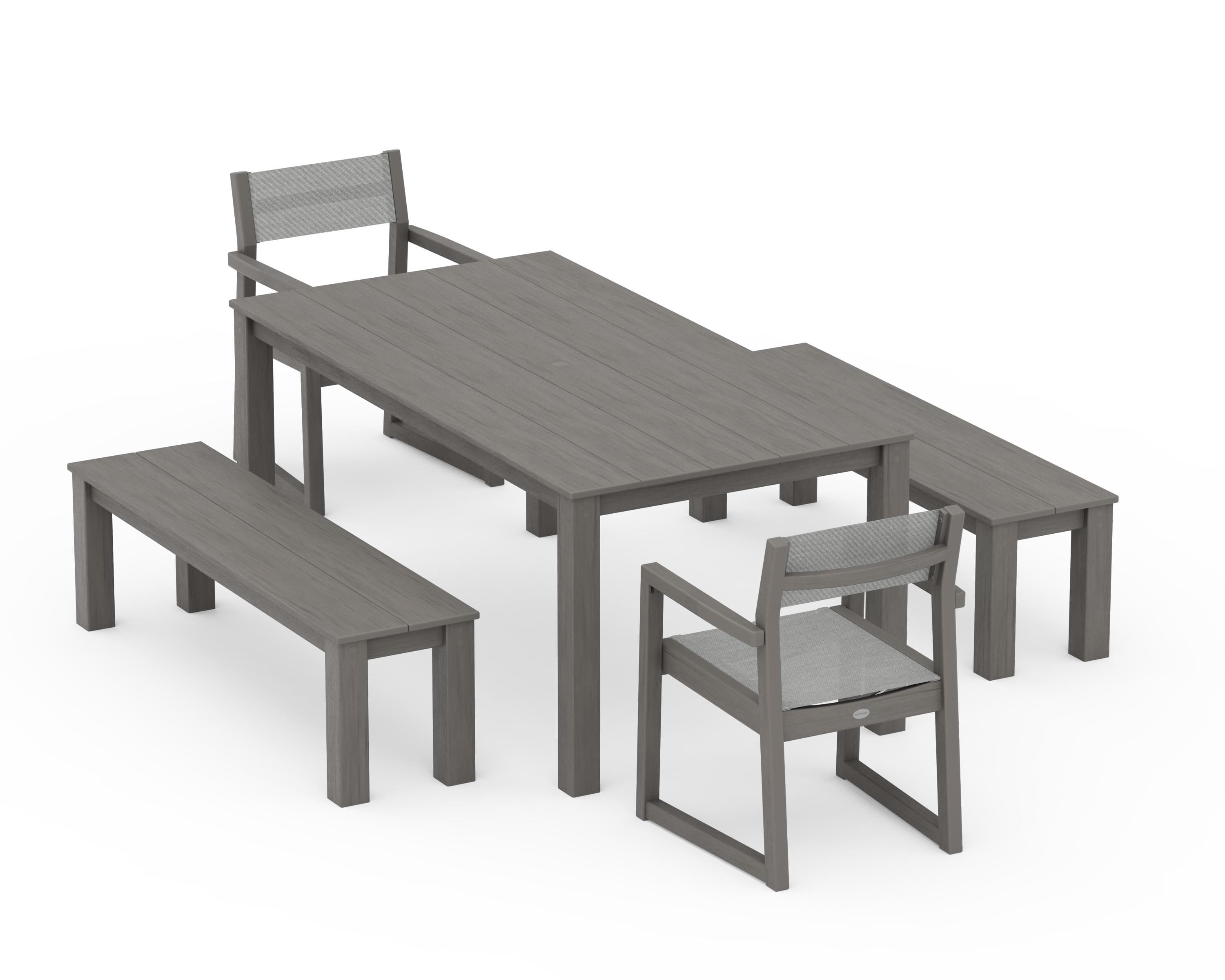 POLYWOOD EDGE Sling Arm Chair 5-Piece Parsons Dining Set with Benches in Driftwood / Metallic Sling