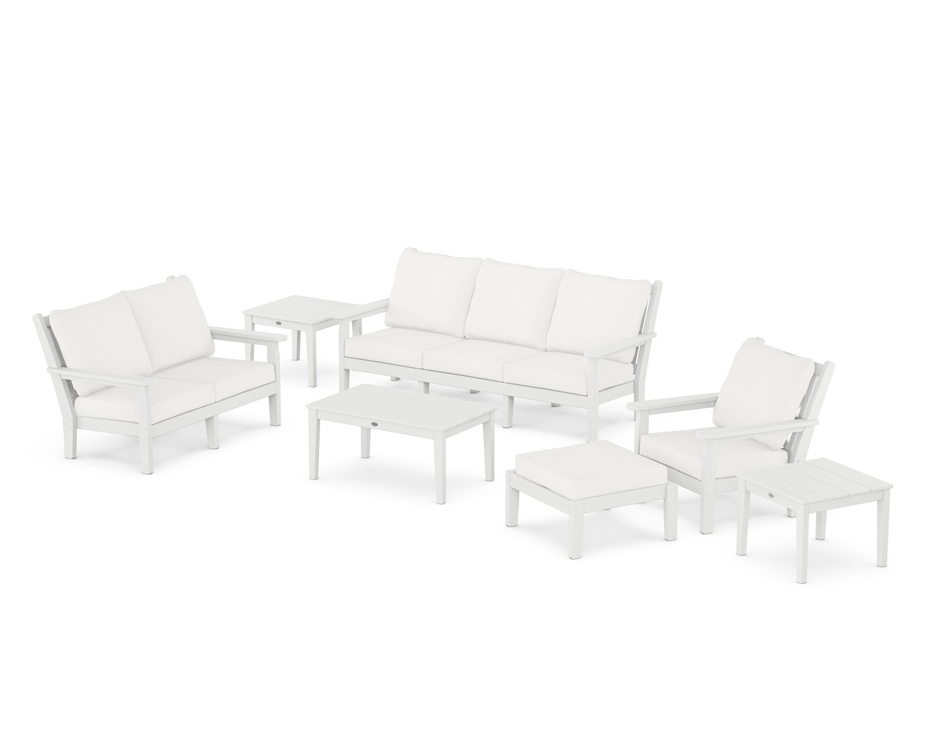POLYWOOD Chippendale 7-Piece Deep Seating Set in White / Natural Linen