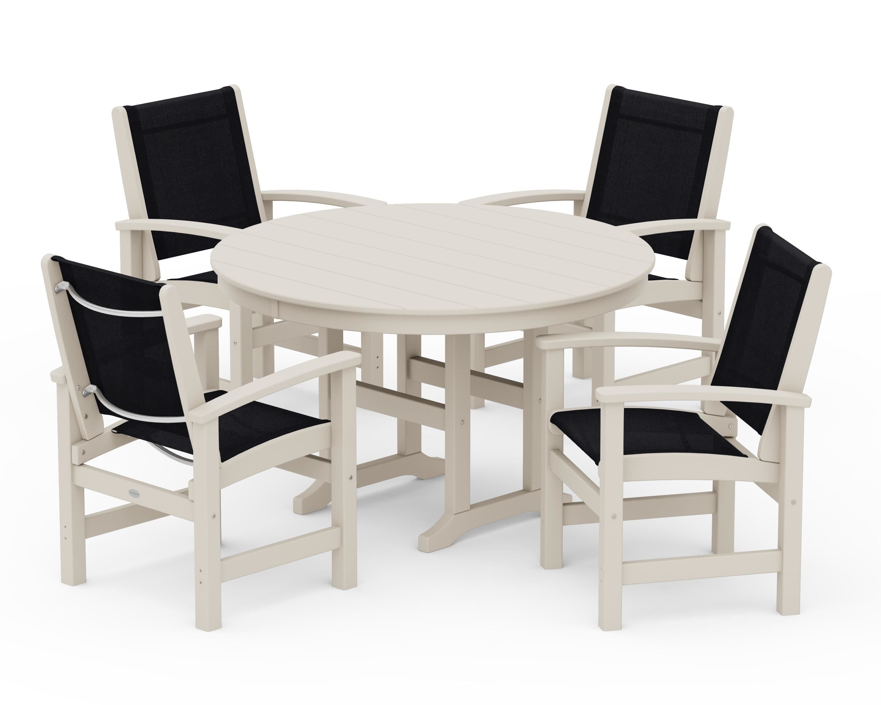 POLYWOOD Coastal 5-Piece Round Farmhouse Dining Set in Sand / Black Sling