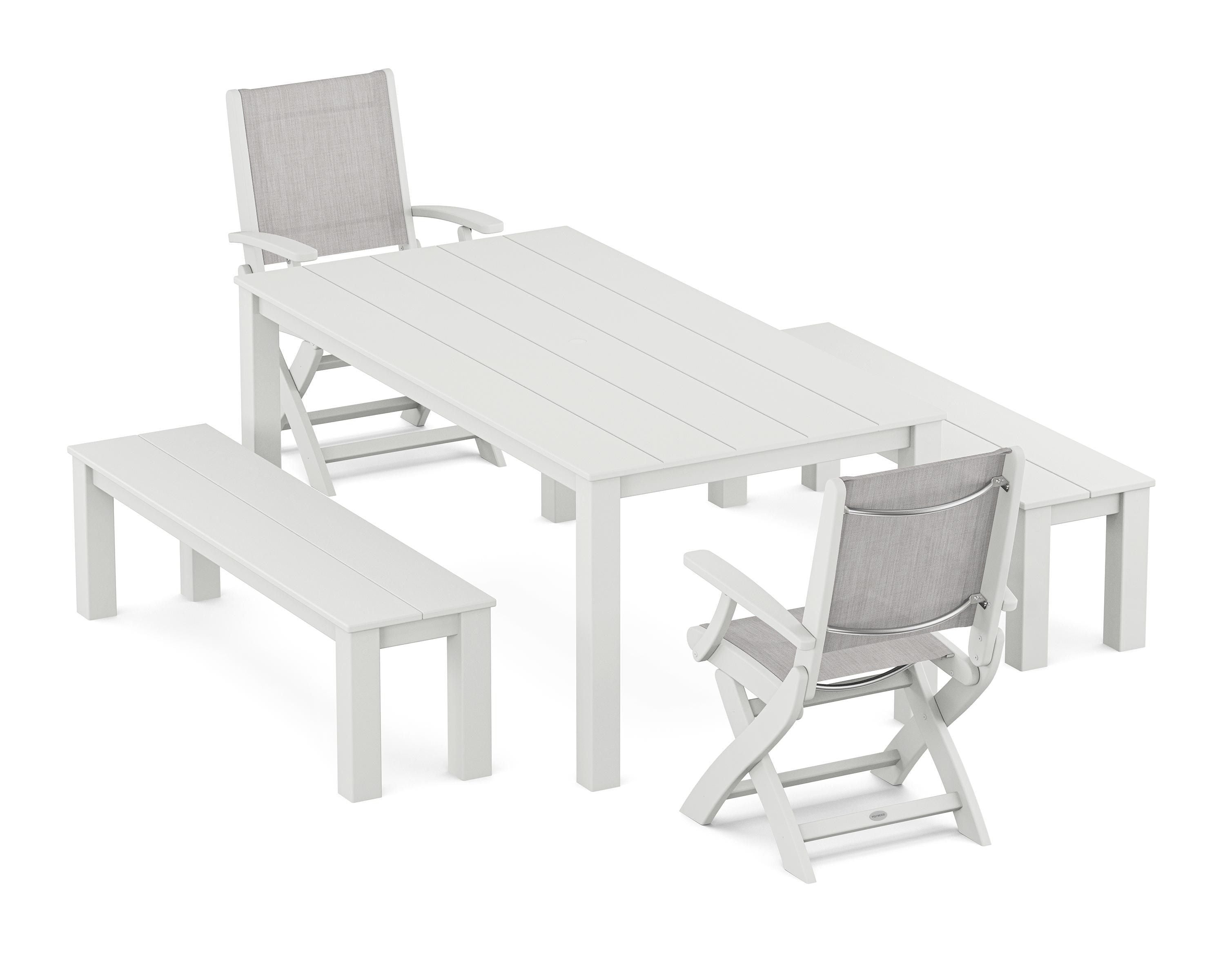 POLYWOOD Coastal Folding Chair 5-Piece Parsons Dining Set with Benches in White / Parchment Sling