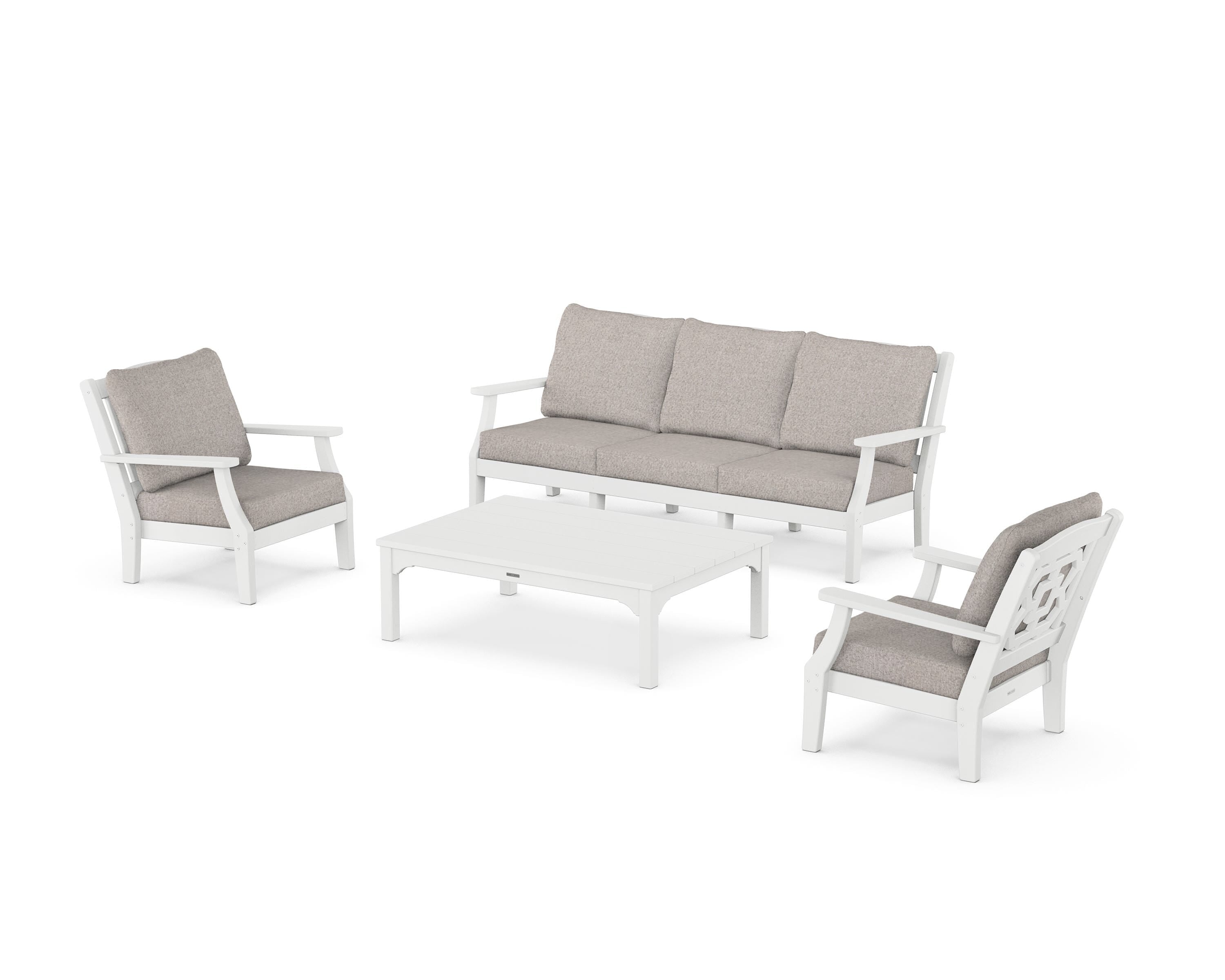 Martha Stewart by POLYWOOD Chinoiserie 4-Piece Deep Seating Set with Sofa in White / Weathered Tweed