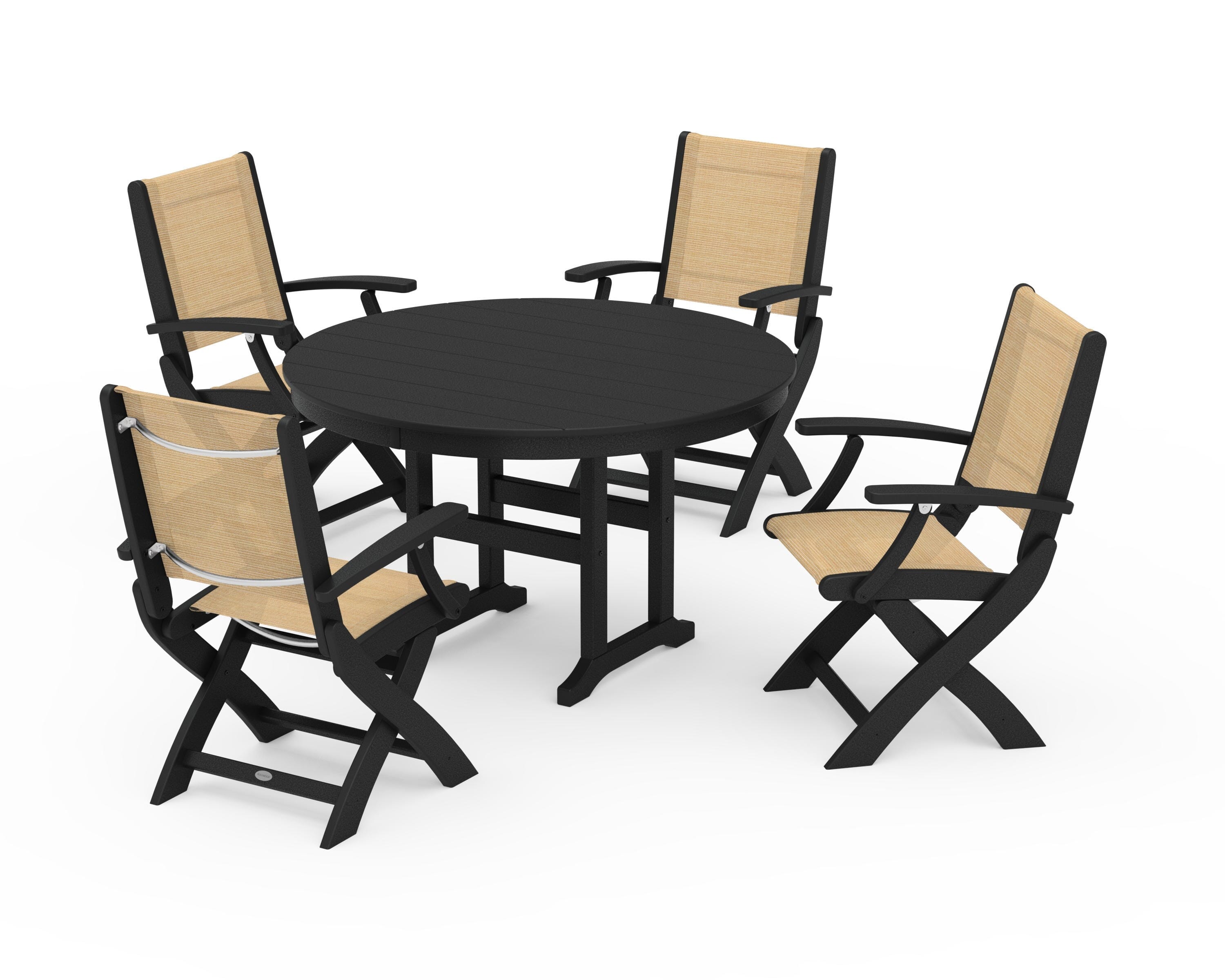 POLYWOOD Coastal Folding Chair 5-Piece Round Dining Set in Black / Dupioni Apricot Sling