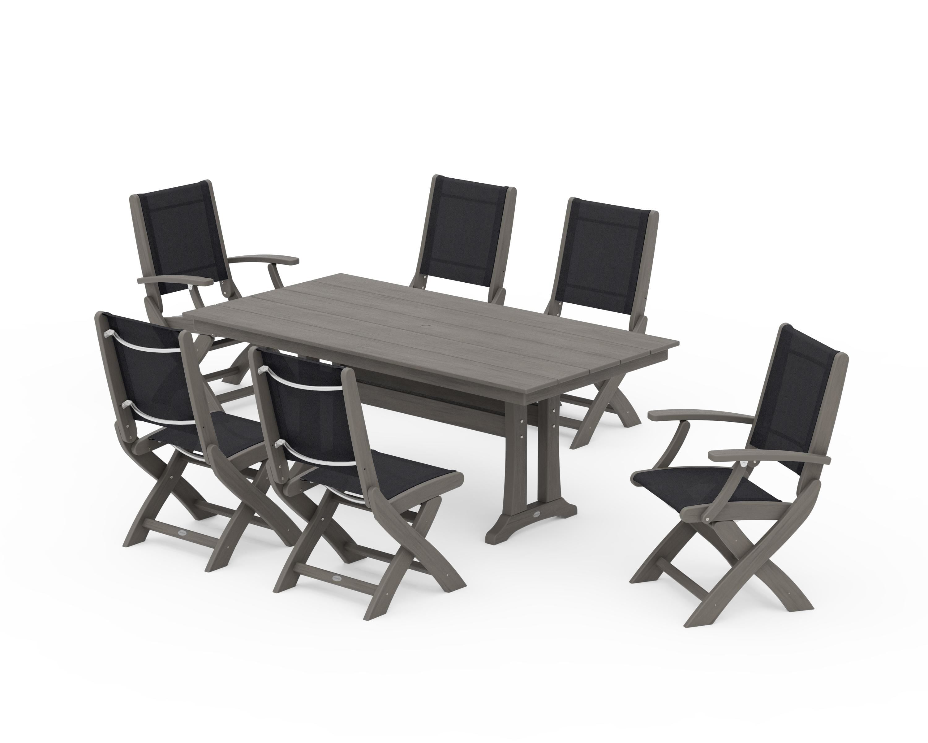 POLYWOOD Coastal Folding Chair 7-Piece Farmhouse Dining Set with Trestle Legs in Driftwood / Black Sling