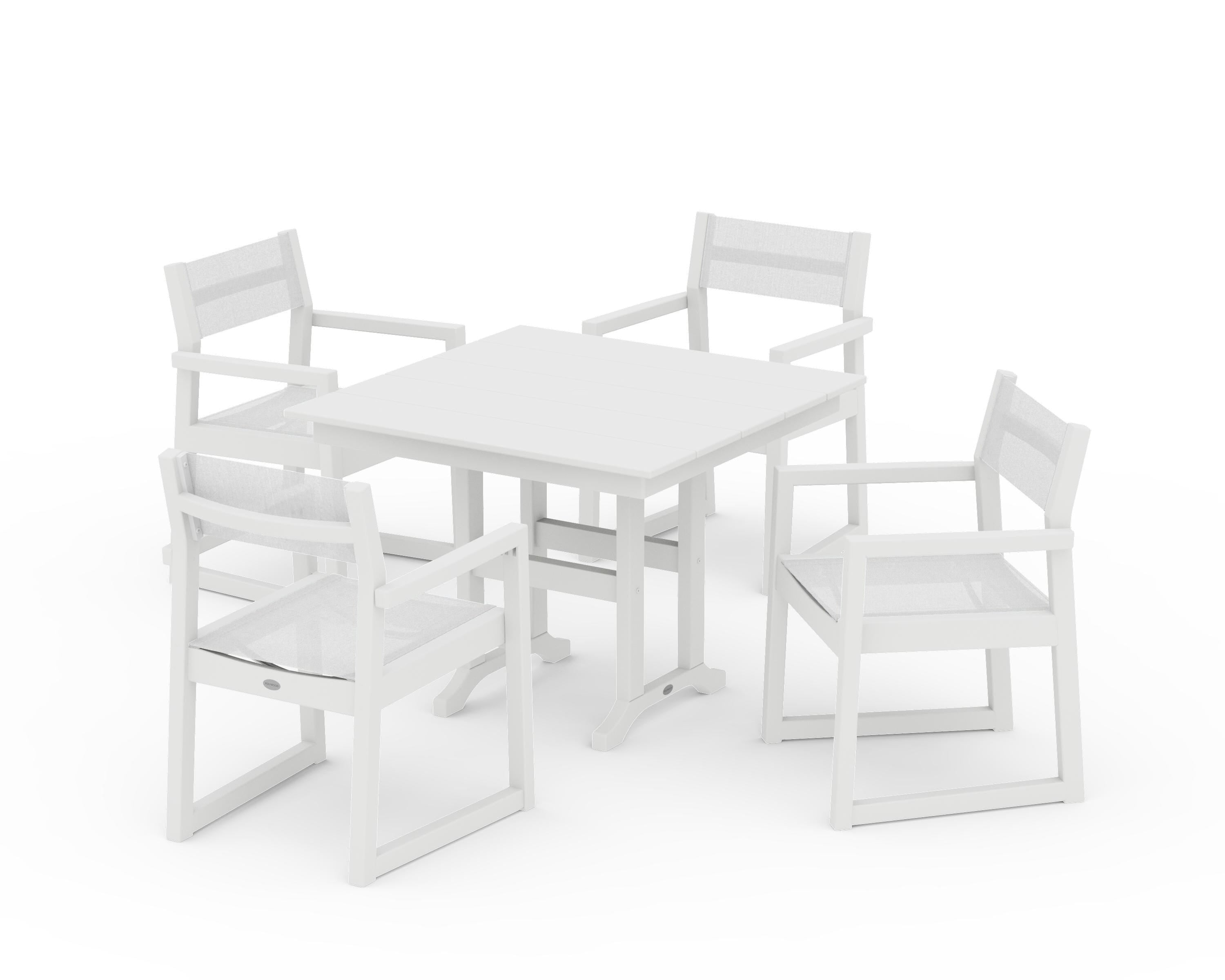 POLYWOOD EDGE Sling Arm Chair 5-Piece Farmhouse Dining Set in White / White Sling