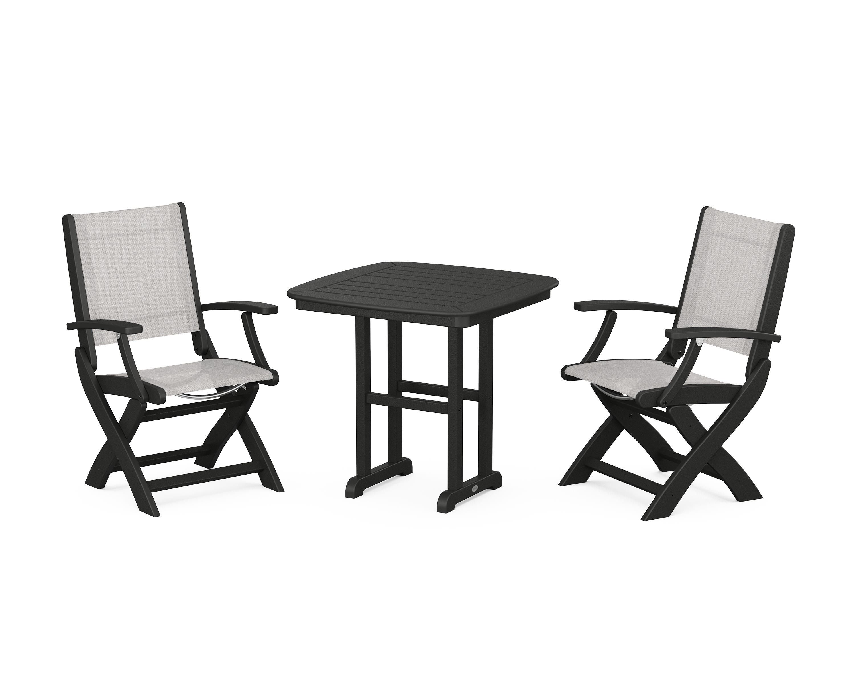 POLYWOOD Coastal Folding Chair 3-Piece Dining Set in Black / Parchment Sling