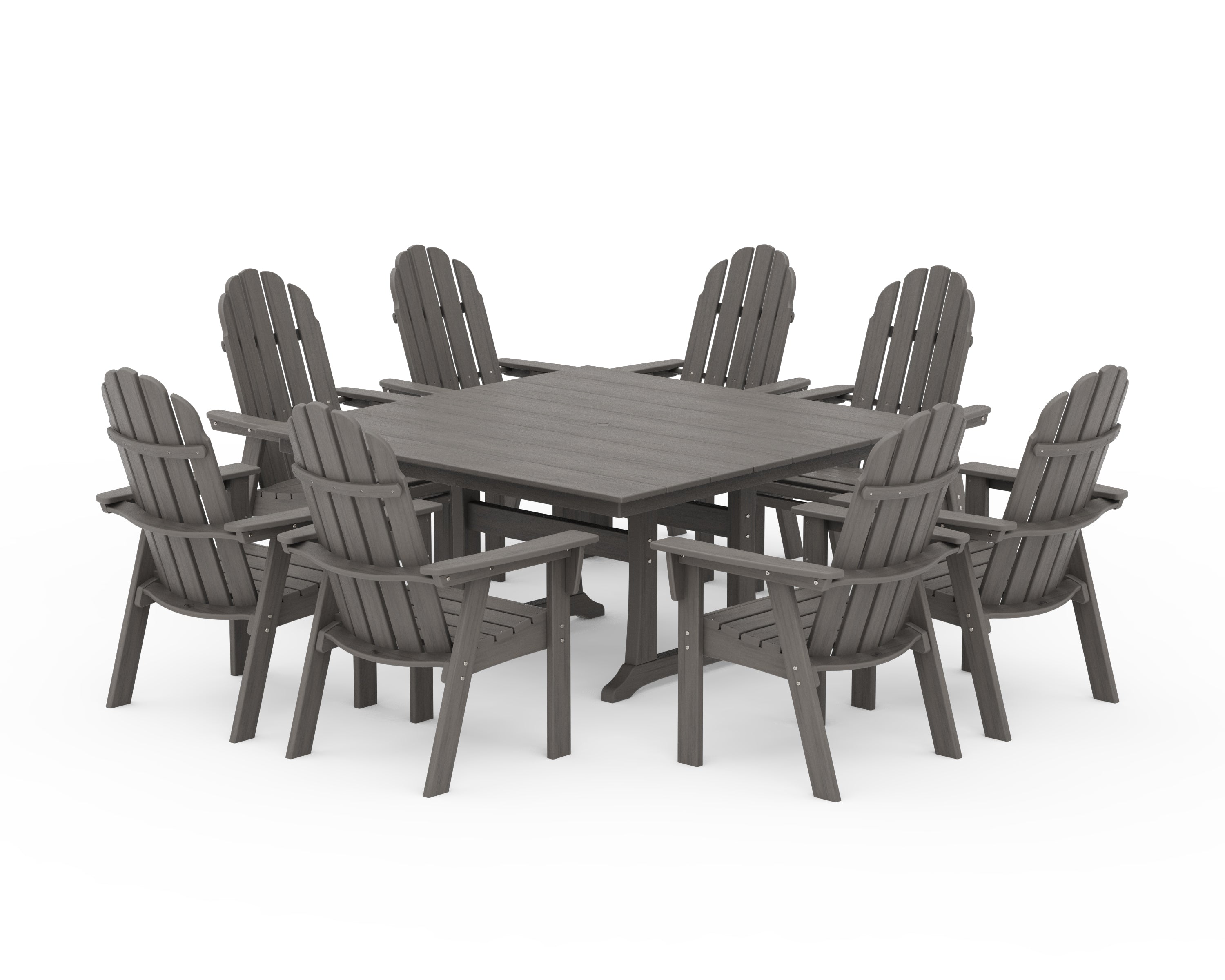 POLYWOOD Vineyard Curveback Adirondack 9-Piece Square Farmhouse Dining Set with Trestle Legs in Driftwood