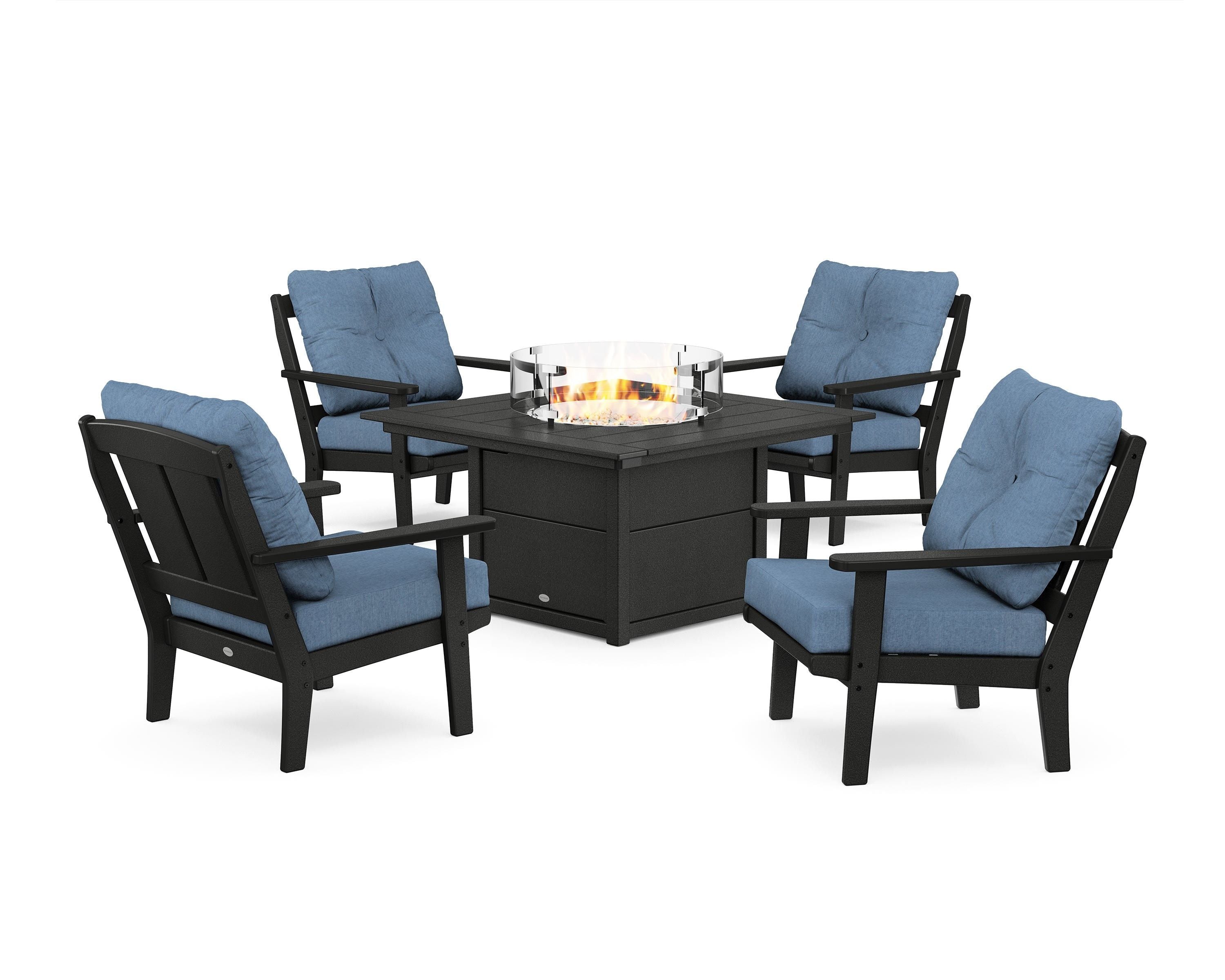 POLYWOOD Mission 5-Piece Deep Seating Set with Fire Pit Table in Black / Sky Blue