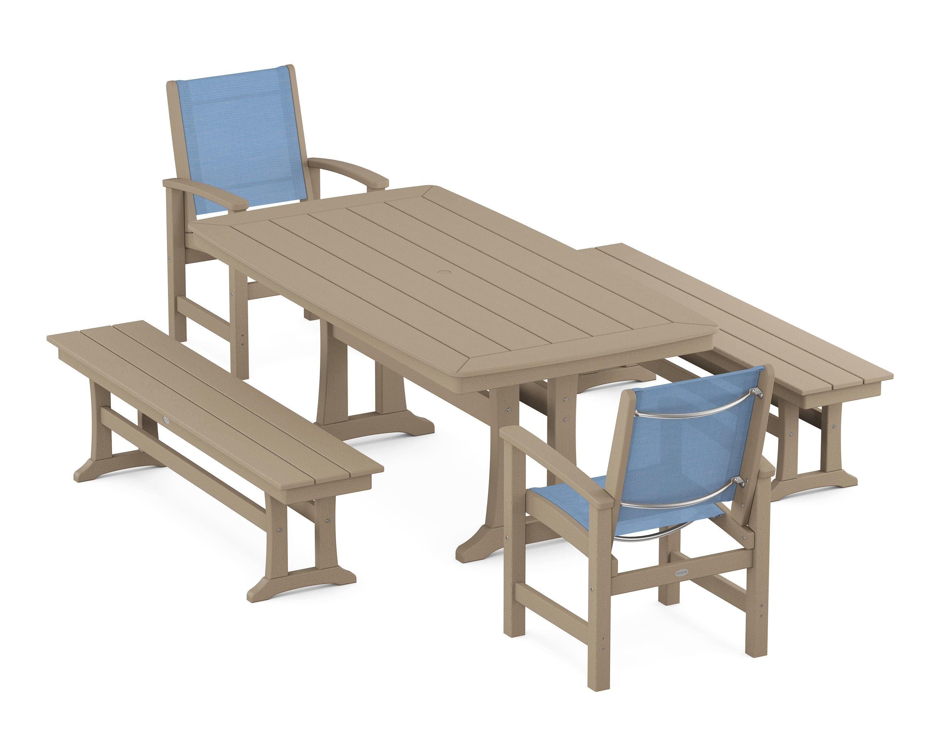 POLYWOOD Coastal 5-Piece Dining Set with Trestle Legs and Benches in Vintage Sahara / Poolside Sling
