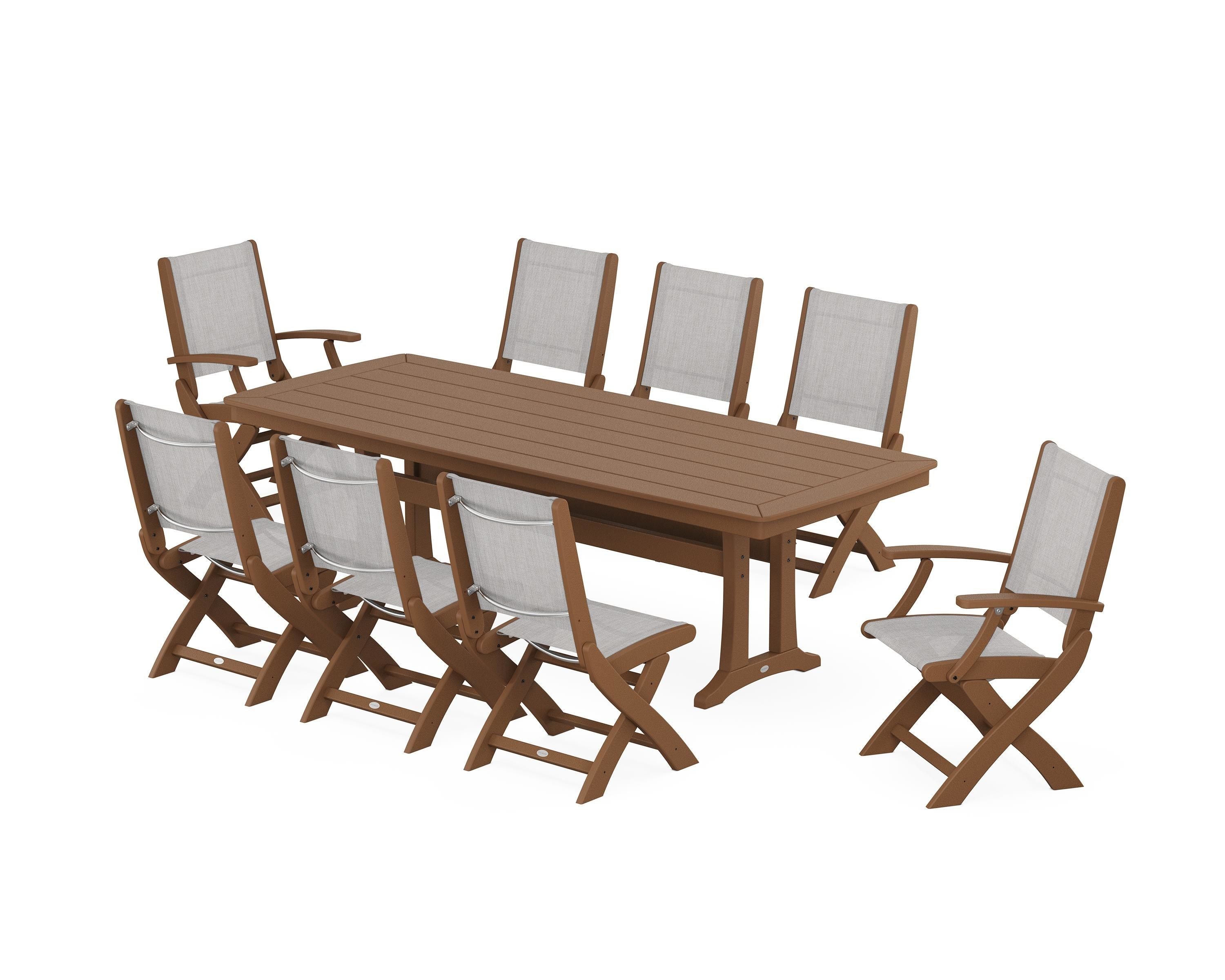 POLYWOOD Coastal Folding 9-Piece Dining Set with Trestle Legs in Teak / Parchment Sling