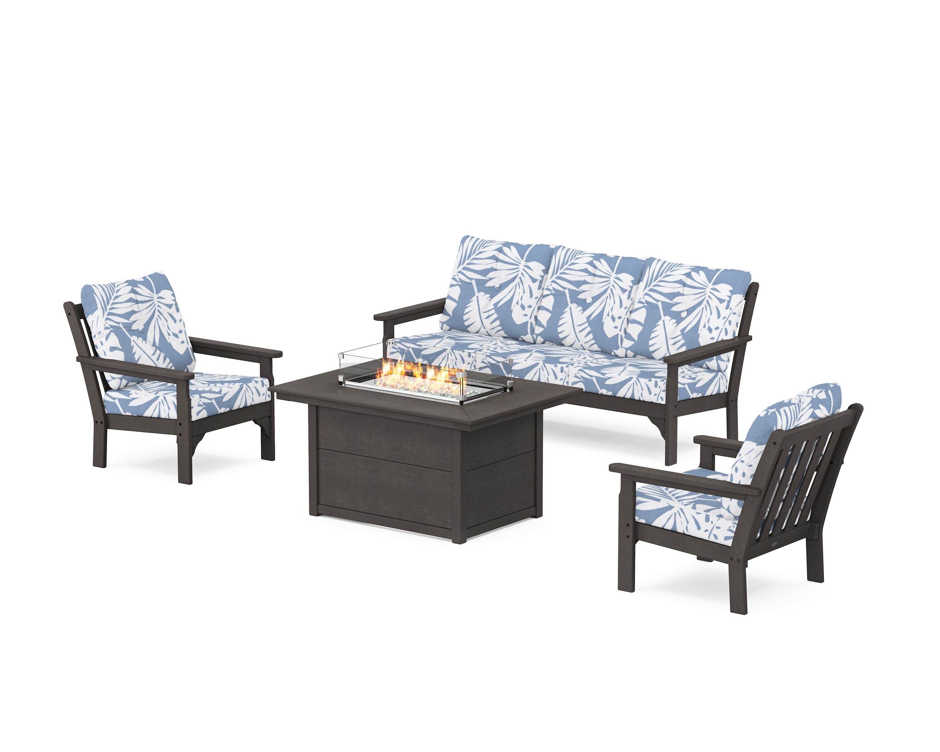 POLYWOOD Vineyard Deep Seating Fire Pit Table Set in Vintage Coffee / Leaf Sky Blue