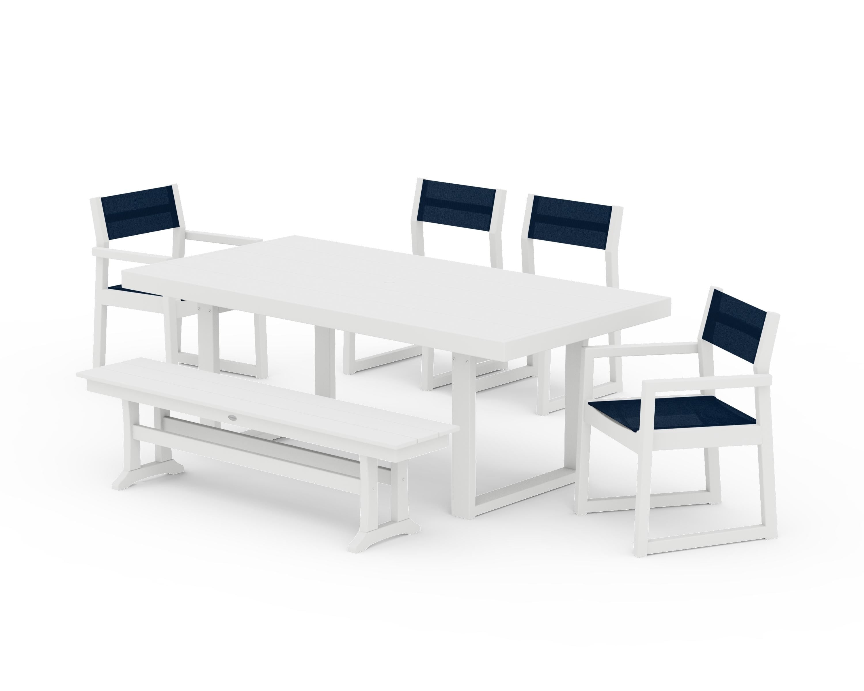 POLYWOOD EDGE Sling 6-Piece Dining Set with Bench in White / Navy Blue Sling