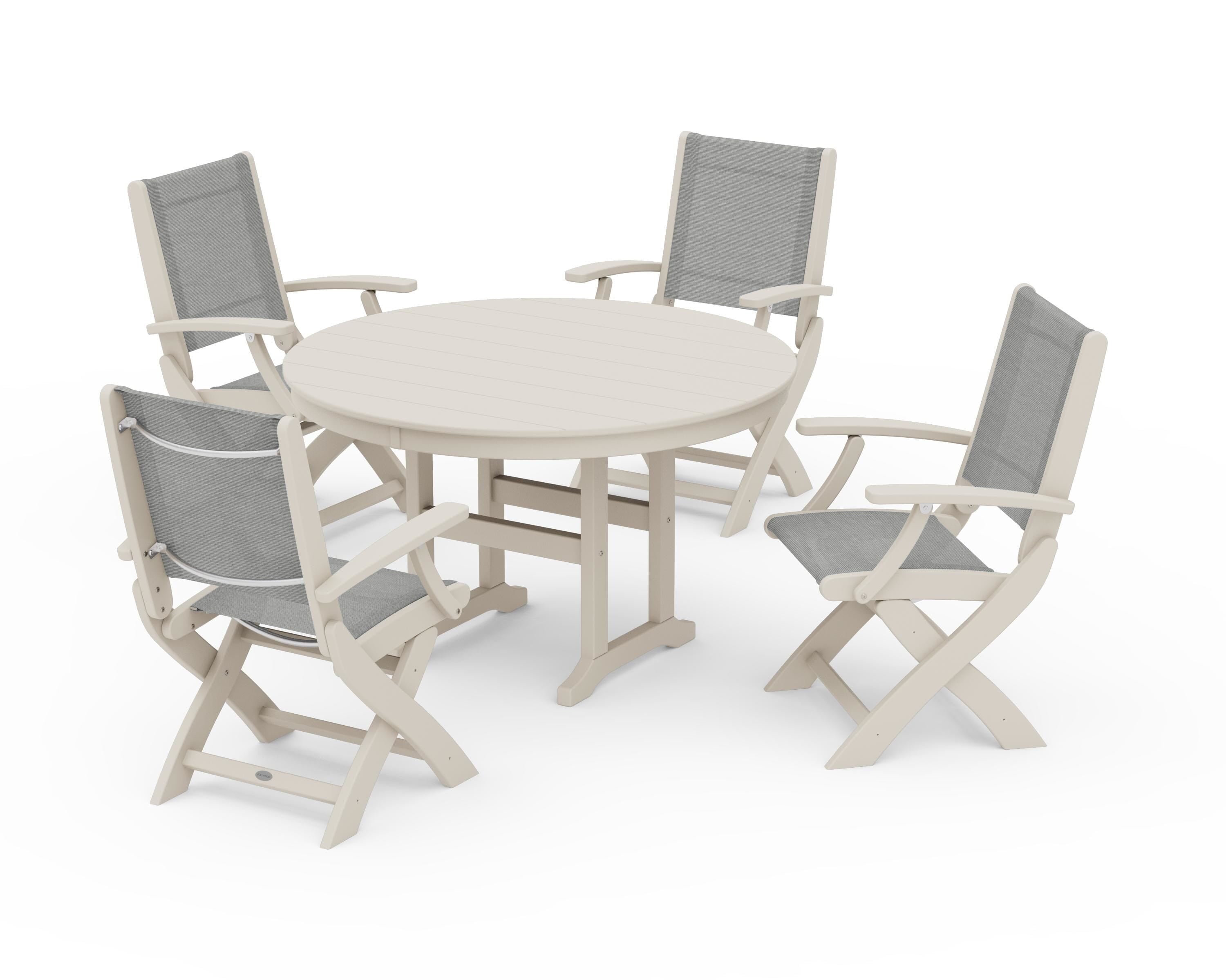 POLYWOOD Coastal Folding Chair 5-Piece Round Dining Set in Sand / Metallic Sling