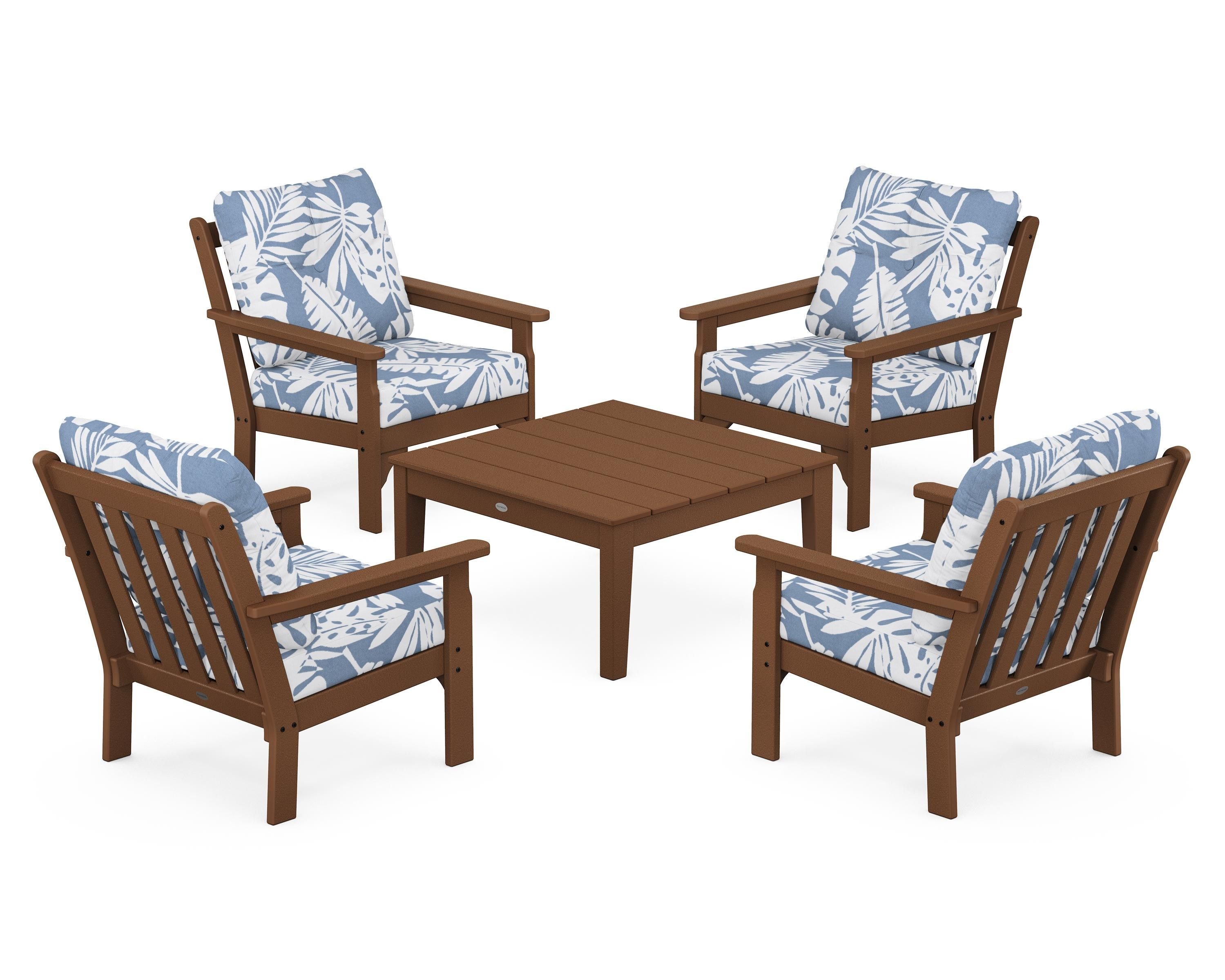 POLYWOOD Vineyard 5-Piece Deep Seating Conversation Set in Teak / Leaf Sky Blue