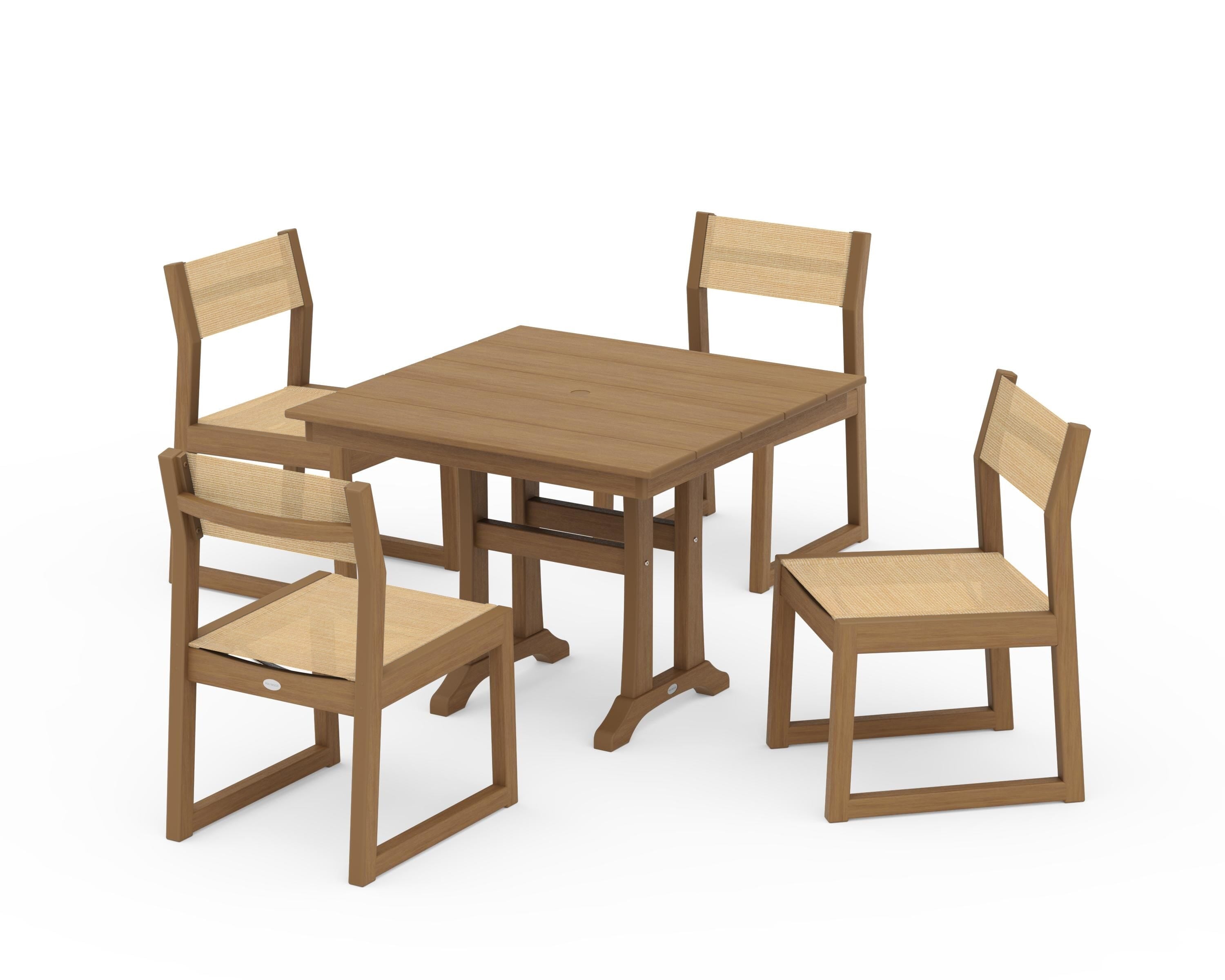 POLYWOOD EDGE Sling 5-Piece Farmhouse Trestle Side Chair Dining Set in Natural / Dupioni Apricot Sling
