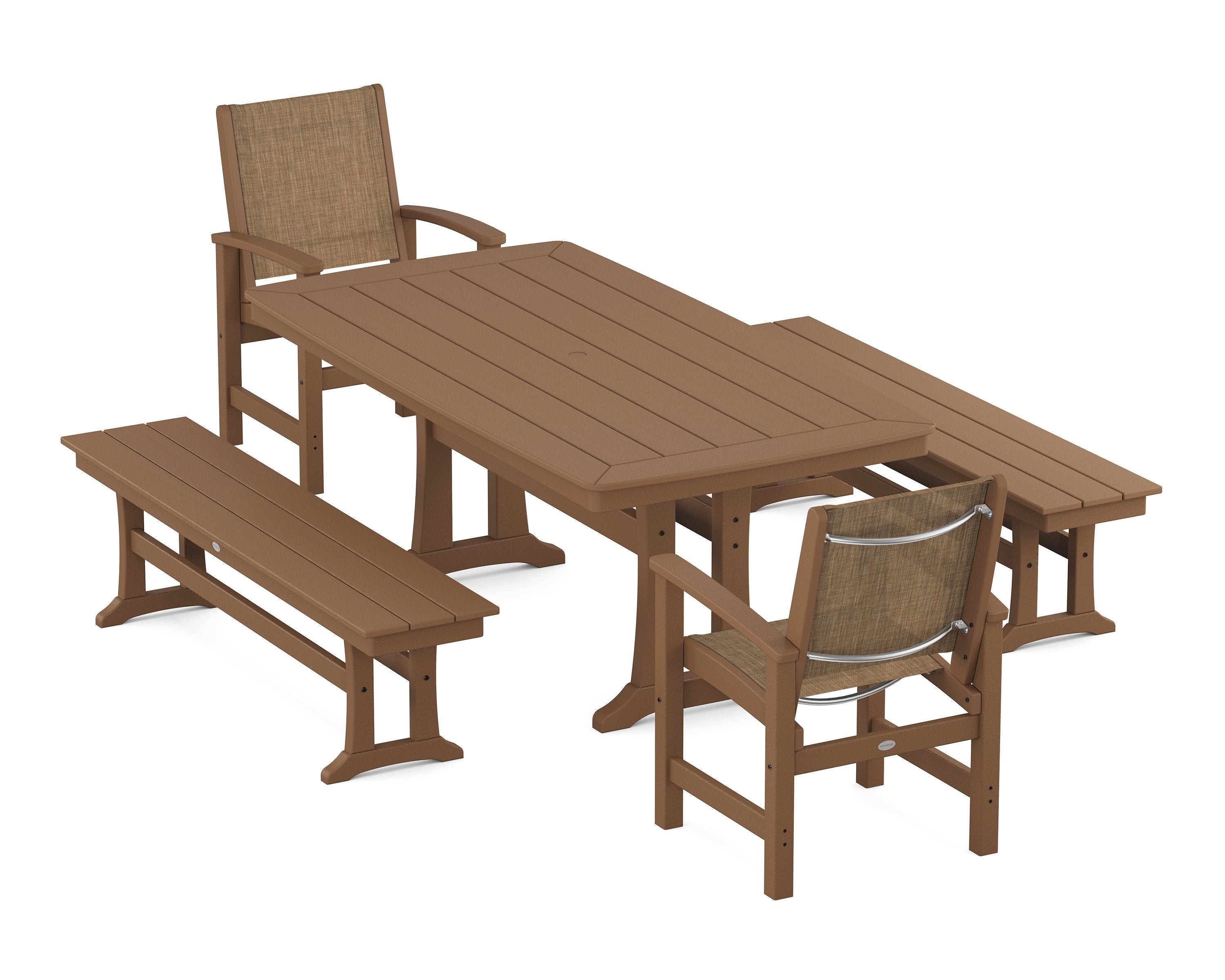 POLYWOOD Coastal 5-Piece Dining Set with Trestle Legs and Benches in Teak / Burlap Sling