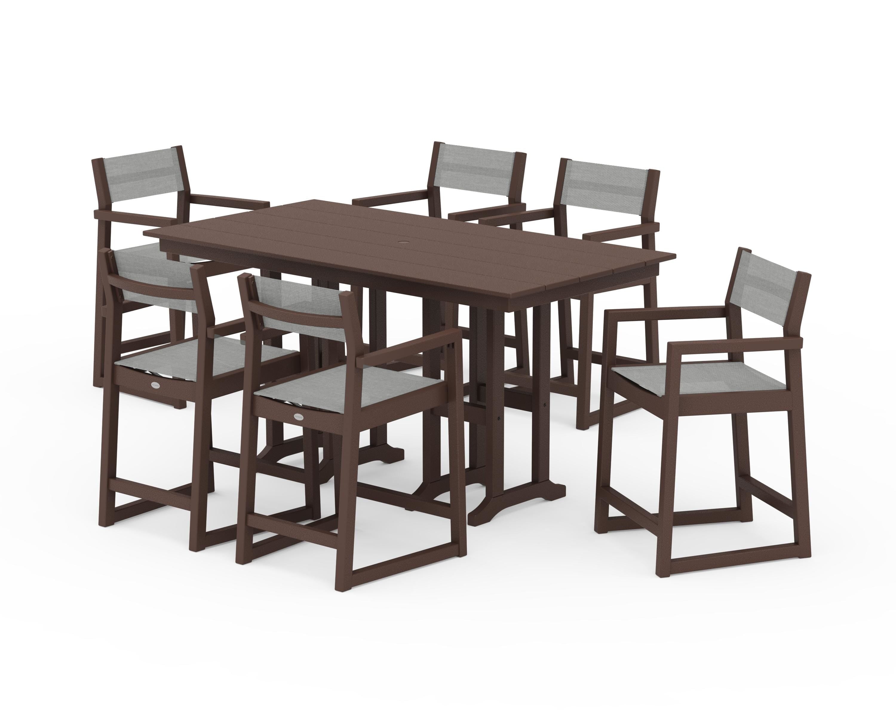 POLYWOOD EDGE Sling Arm Chair 7-Piece Farmhouse Counter Set in Mahogany / Metallic Sling