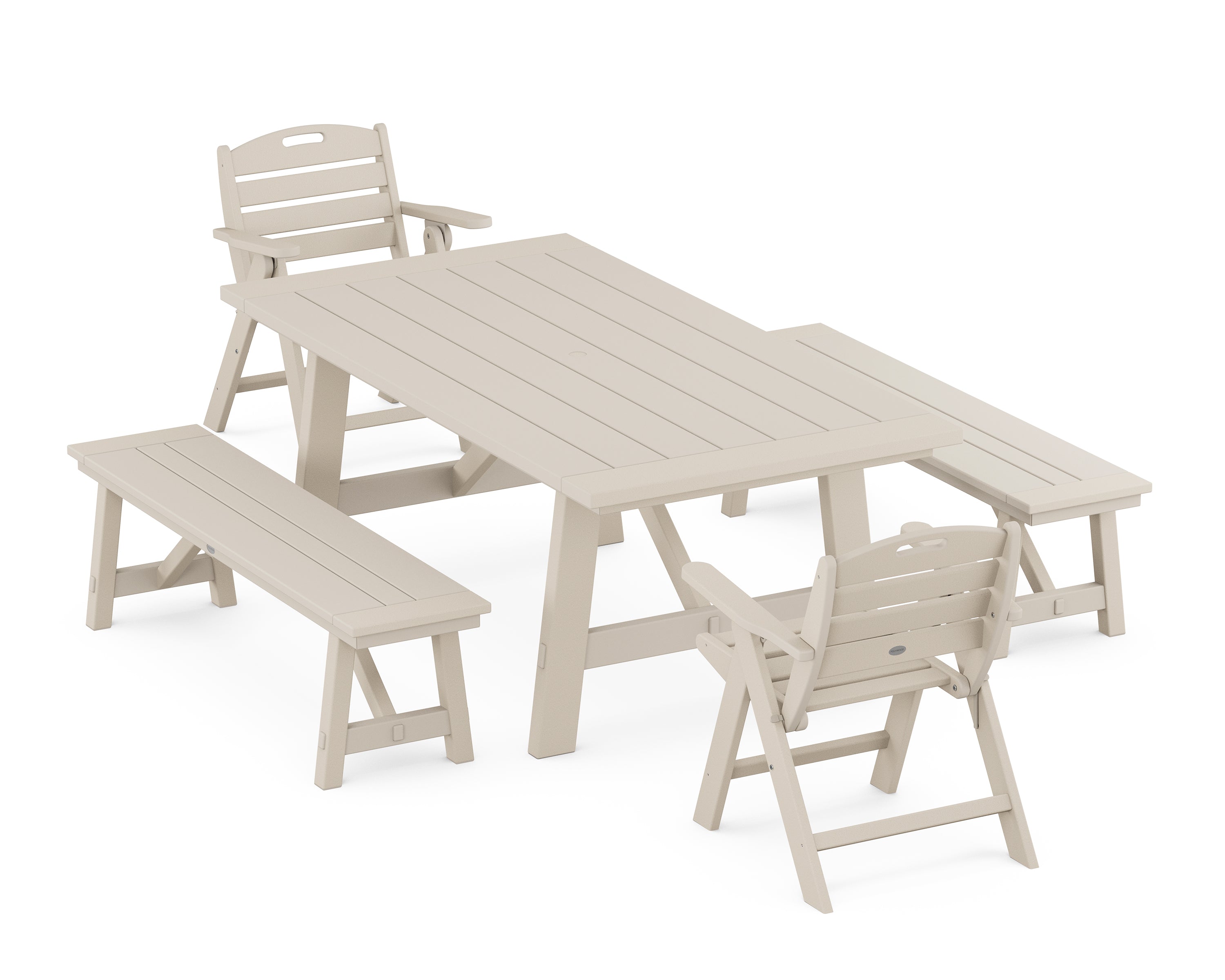 POLYWOOD® Nautical Folding Lowback Chair 5-Piece Rustic Farmhouse Dining Set With Benches in Sand