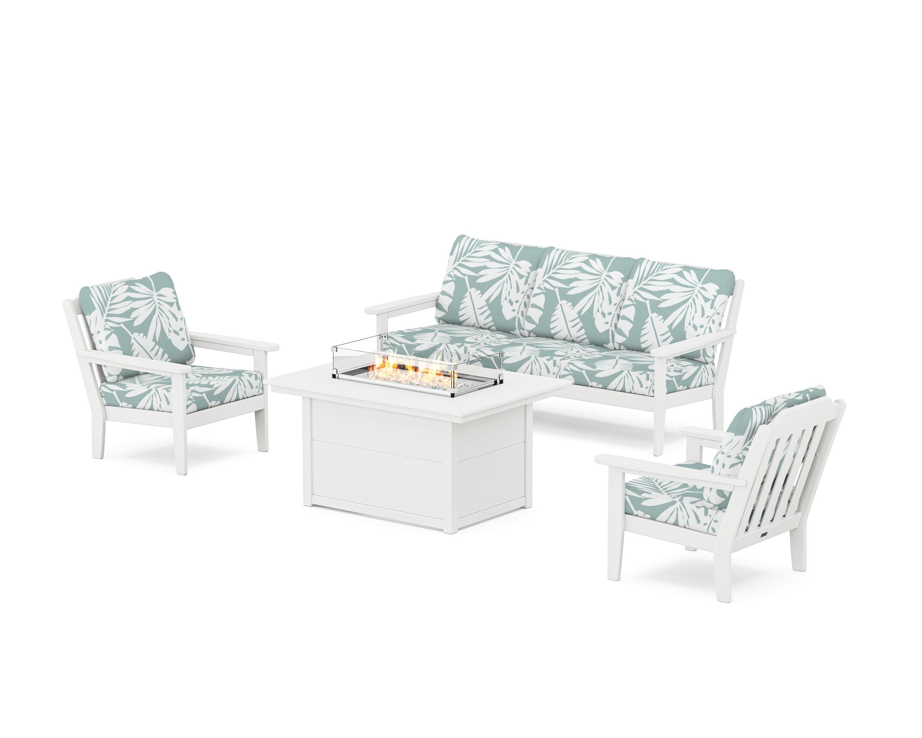Country Living Cottage Deep Seating Fire Pit Table Set in White / Leaf Glacier Spa