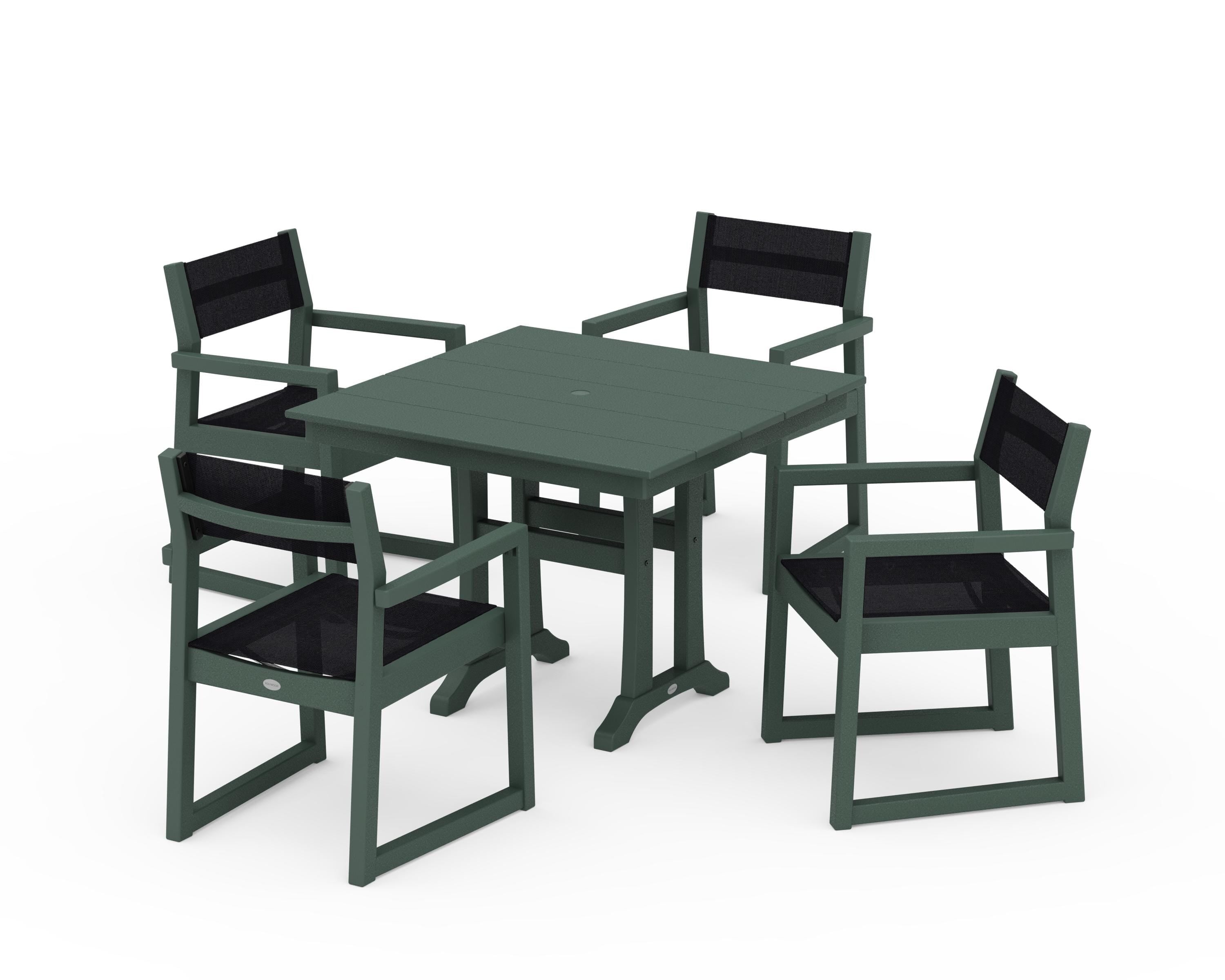 POLYWOOD EDGE Sling 5-Piece Farmhouse Dining Set with Trestle Legs in Green / Black Sling