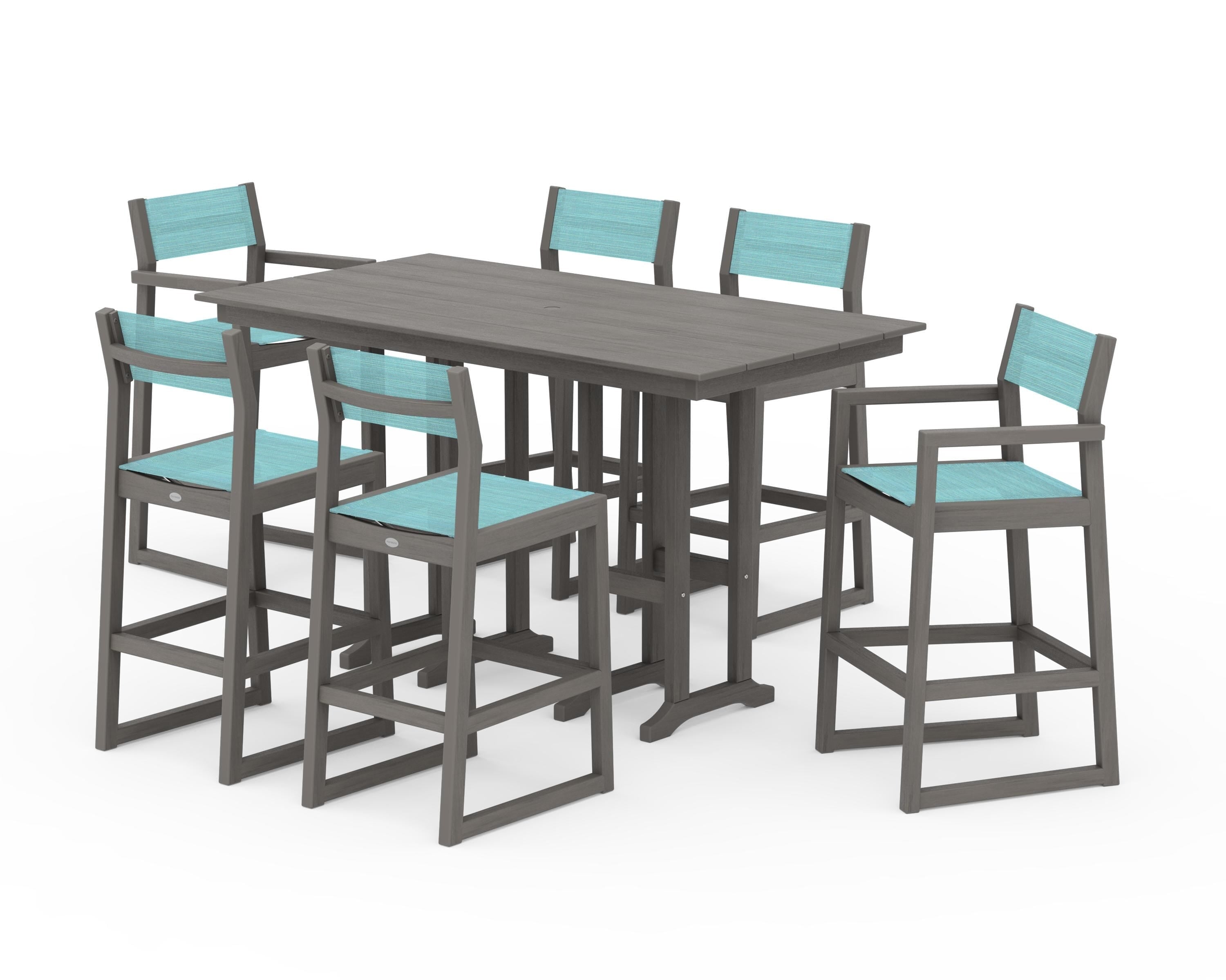 POLYWOOD EDGE Sling 7-Piece Farmhouse Bar Set in Driftwood / Dupioni Aquamarine Sling