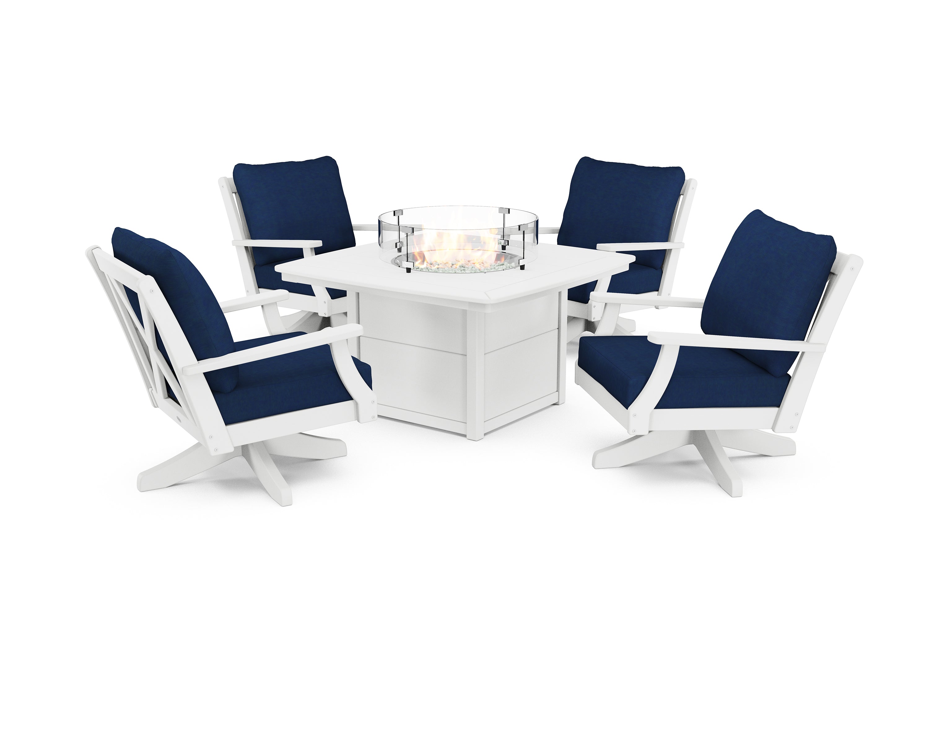 POLYWOOD Braxton 5-Piece Deep Seating Swivel Conversation Set with Fire Pit Table in White / Navy