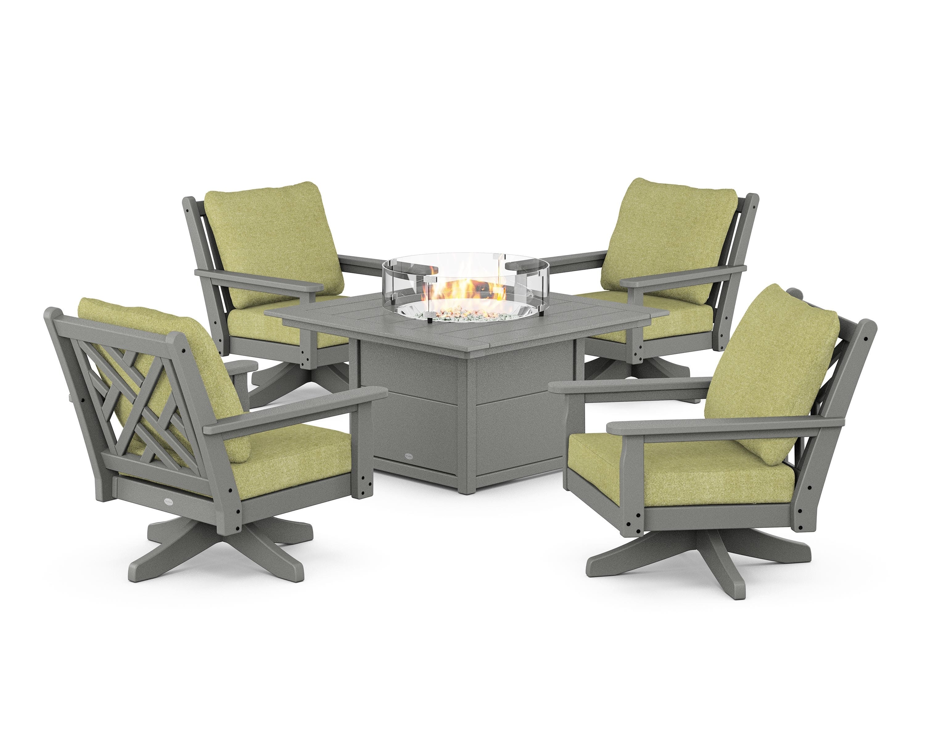 POLYWOOD Chippendale 5-Piece Deep Seating Swivel Conversation Set with Fire Pit Table in Slate Grey / Chartreuse Boucle