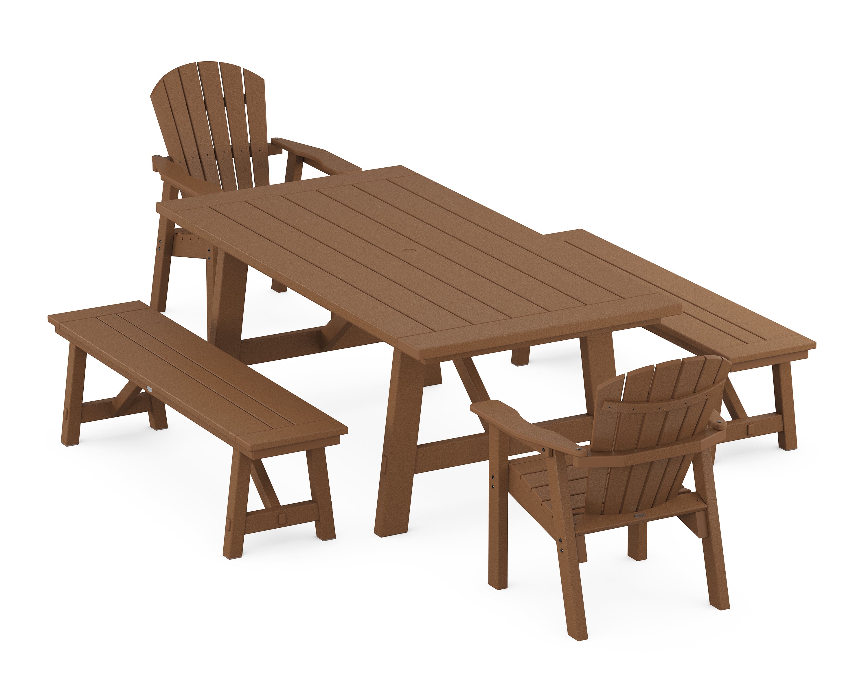 POLYWOOD® Seashell 5-Piece Rustic Farmhouse Dining Set With Benches in Teak