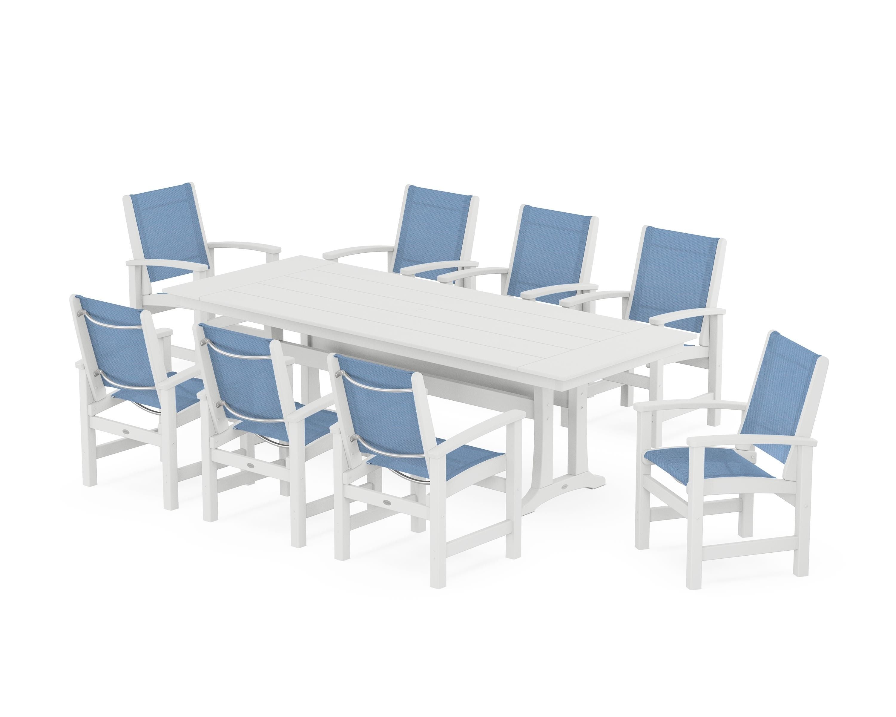 POLYWOOD Coastal 9-Piece Farmhouse Dining Set with Trestle Legs in White / Poolside Sling