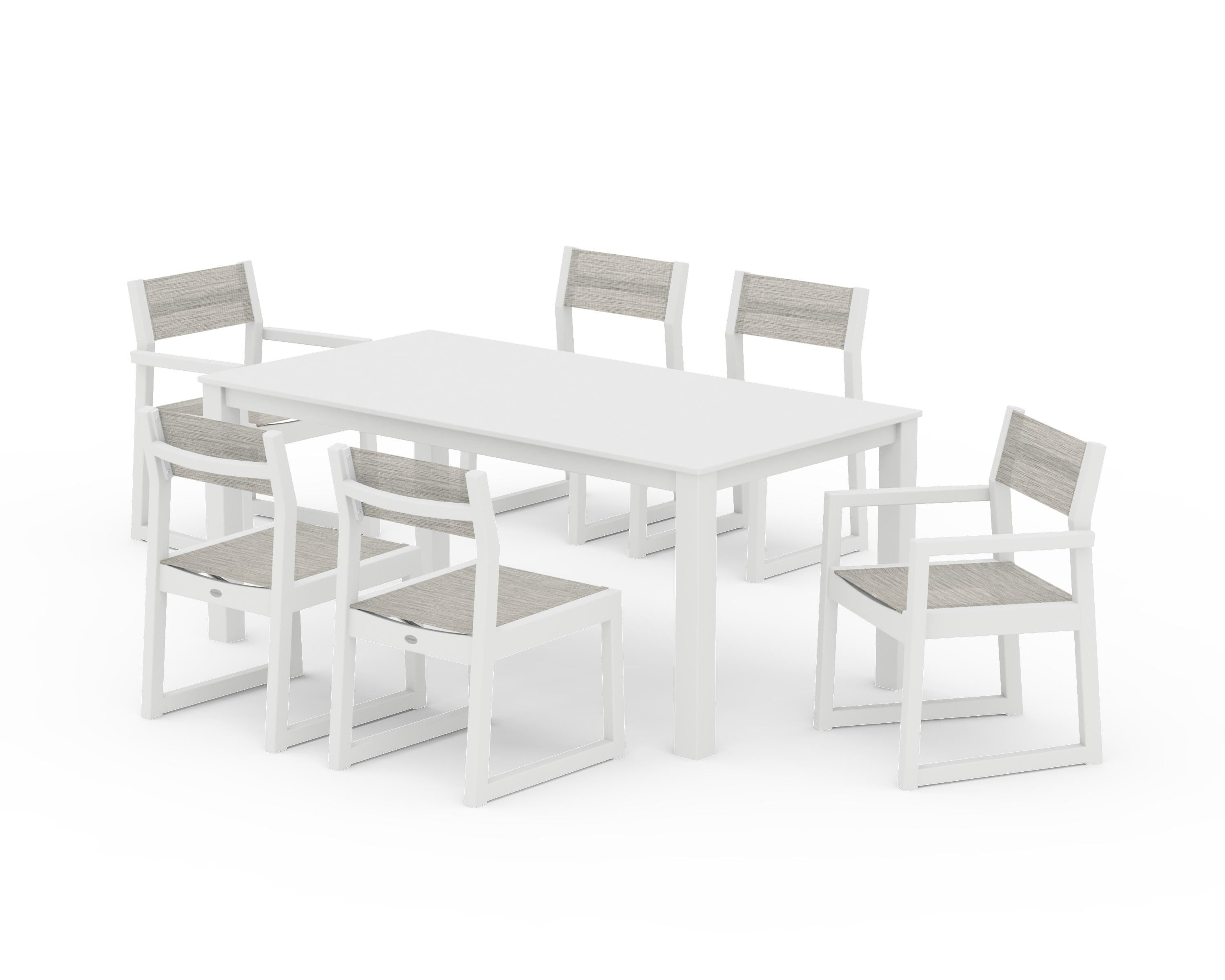 POLYWOOD EDGE Sling 7-Piece Parsons Dining Set in White / Birch Sling