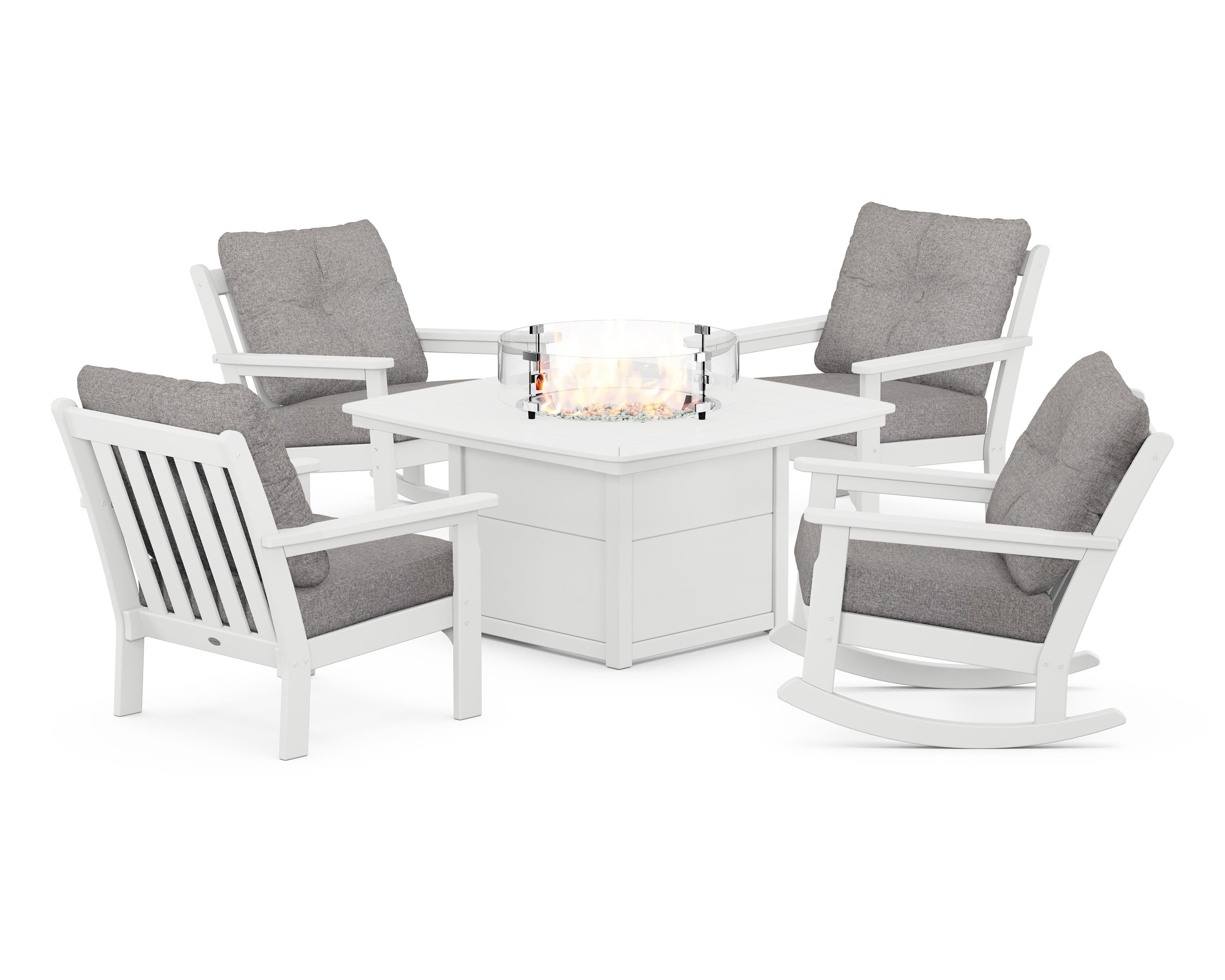POLYWOOD Vineyard 5-Piece Deep Seating Rocking Chair Conversation Set with Fire Pit Table in White / Grey Mist