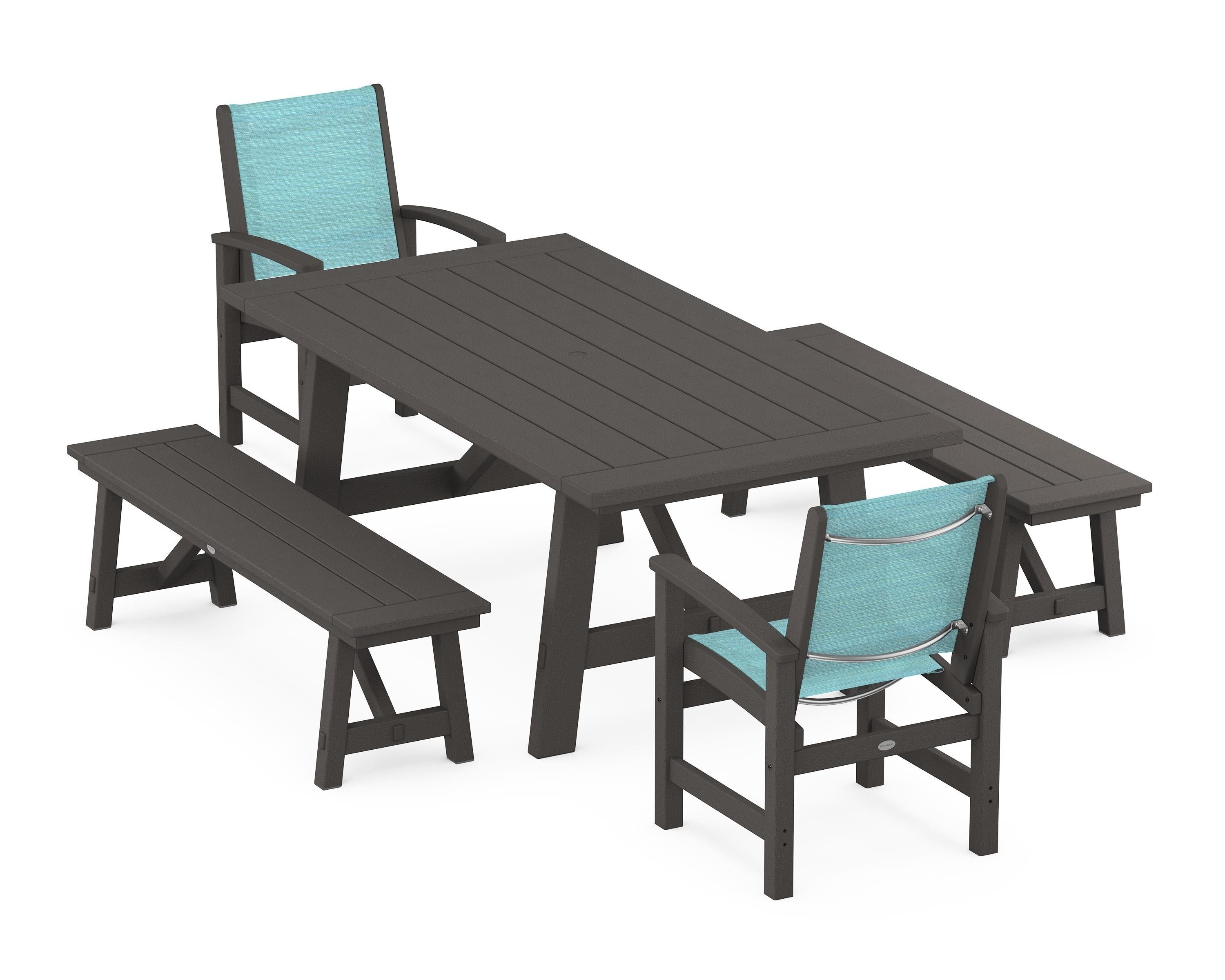 POLYWOOD Coastal 5-Piece Rustic Farmhouse Dining Set With Benches in Vintage Coffee / Dupioni Aquamarine Sling