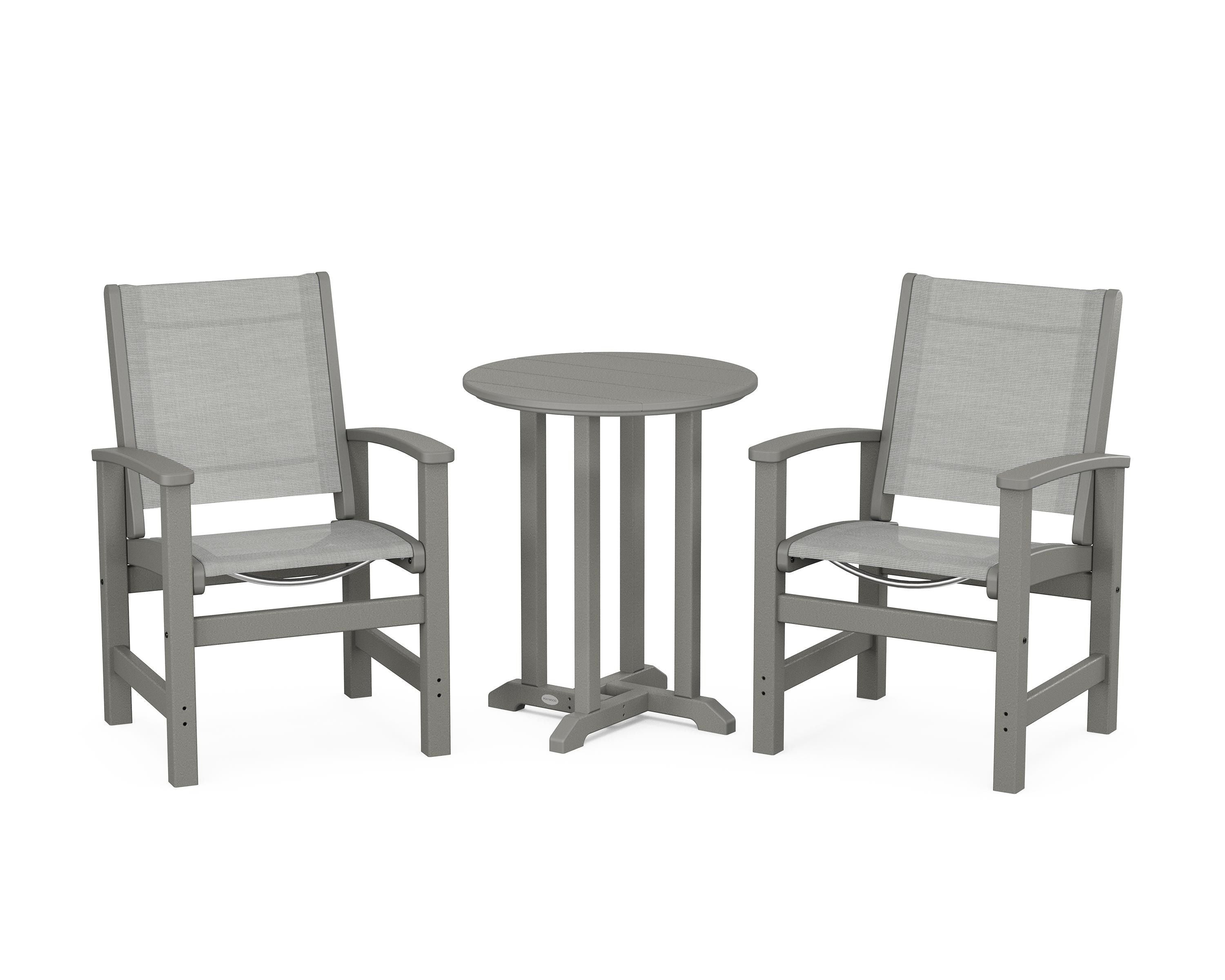 POLYWOOD Coastal 3-Piece Round Bistro Dining Set in Slate Grey / Metallic Sling