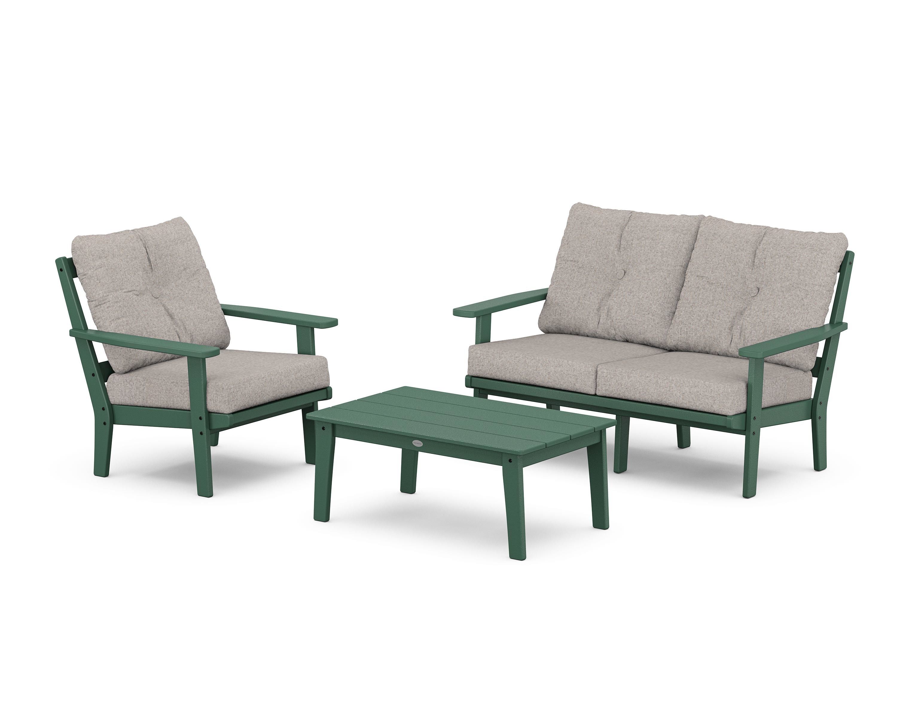 POLYWOOD Oxford 3-Piece Deep Seating Set with Loveseat in Green / Weathered Tweed
