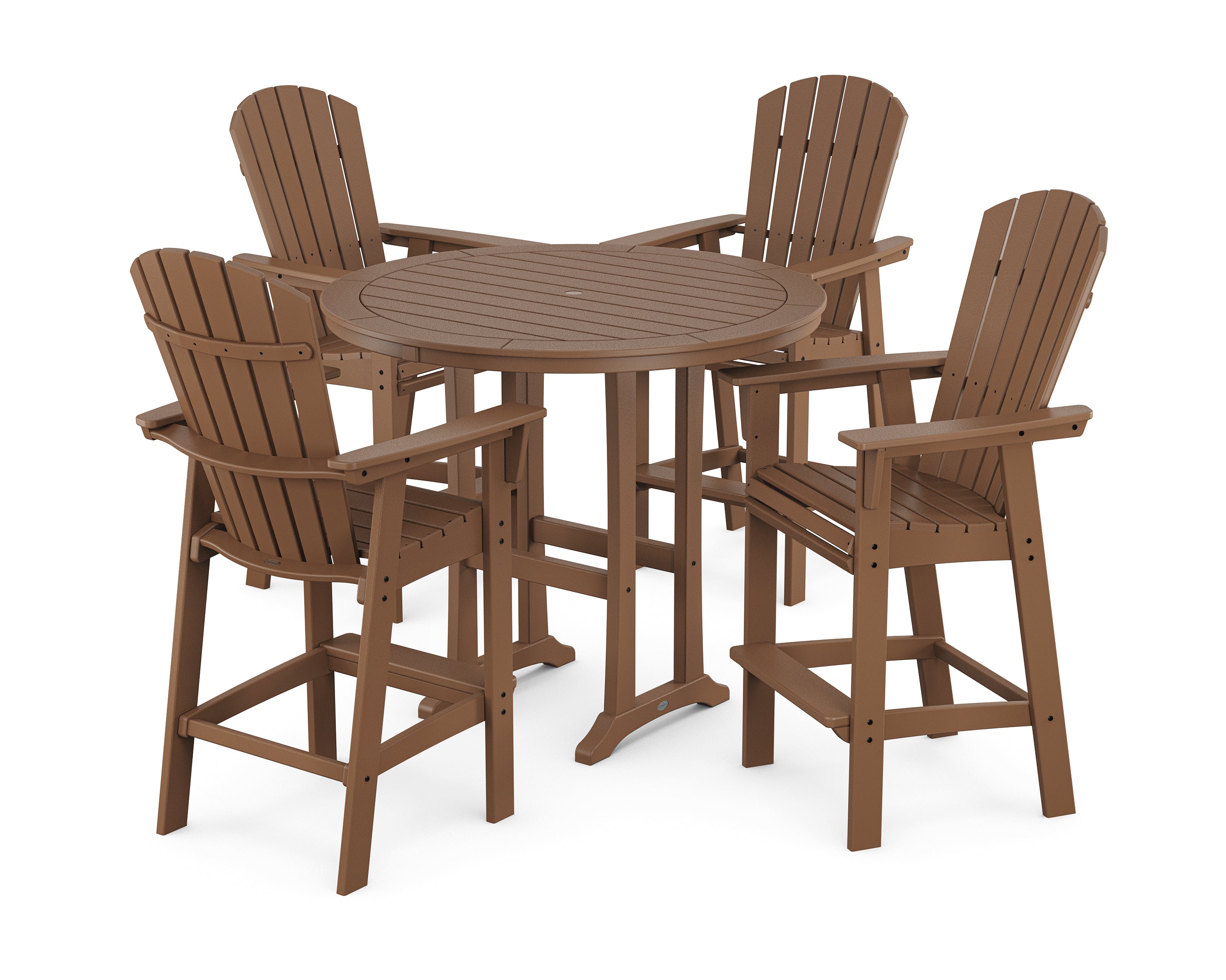 POLYWOOD® Nautical Curveback Adirondack 5-Piece Round Trestle Bar Set in Teak